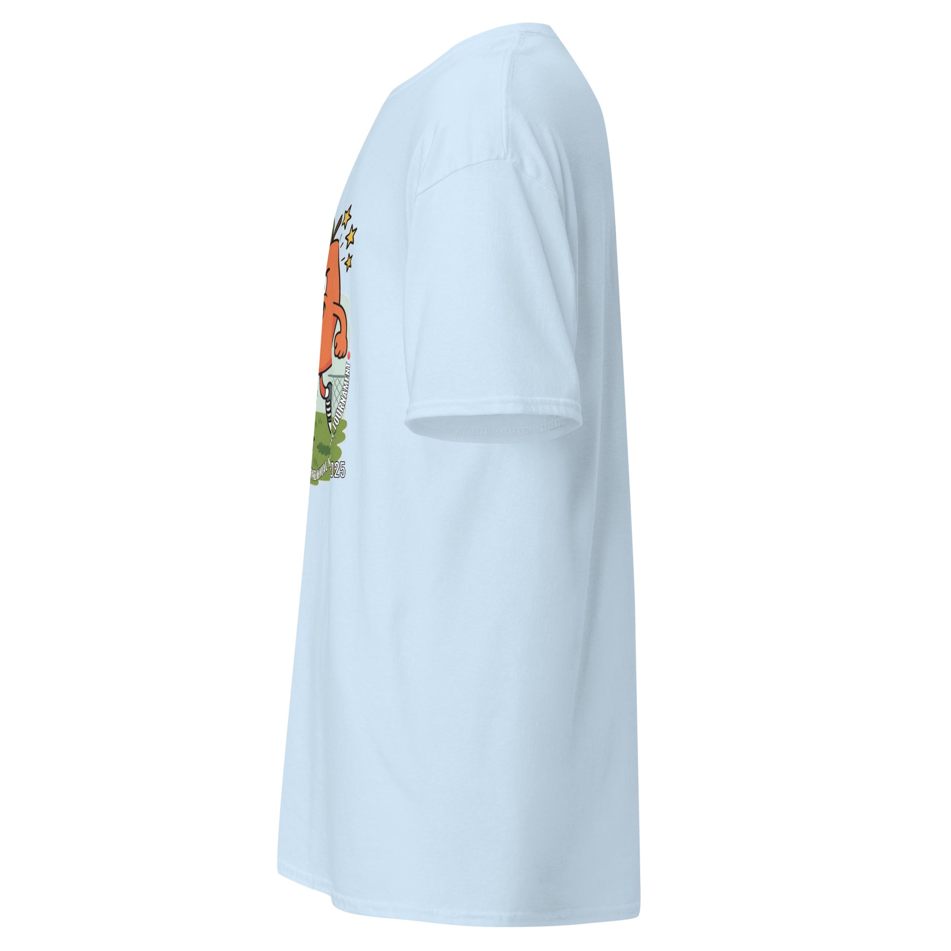 Right side view of light blue tee with edge of kickball rivalry graphic visible