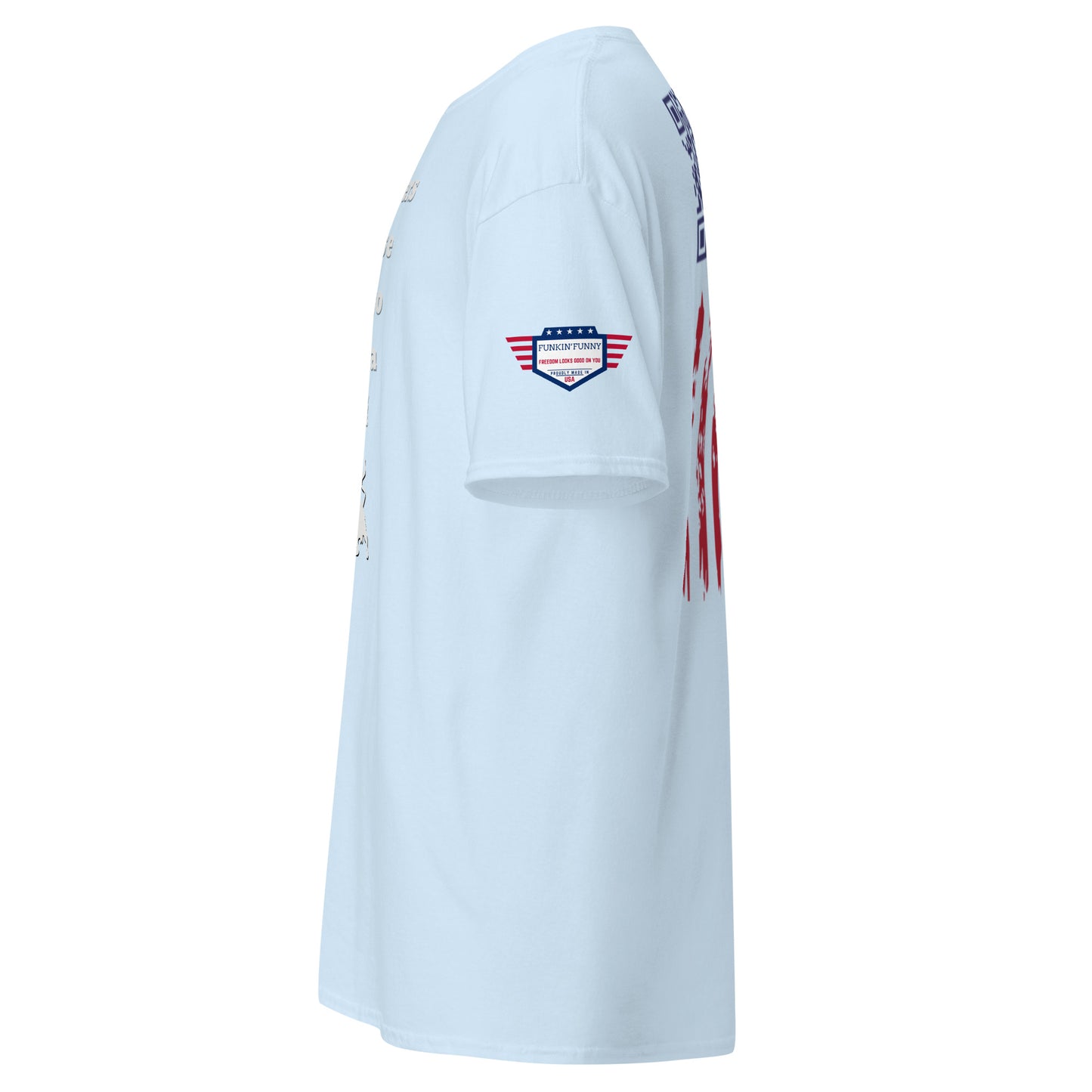 Right side view light blue unisex t-shirt showing eagle USA sleeve patch and back flag stripes