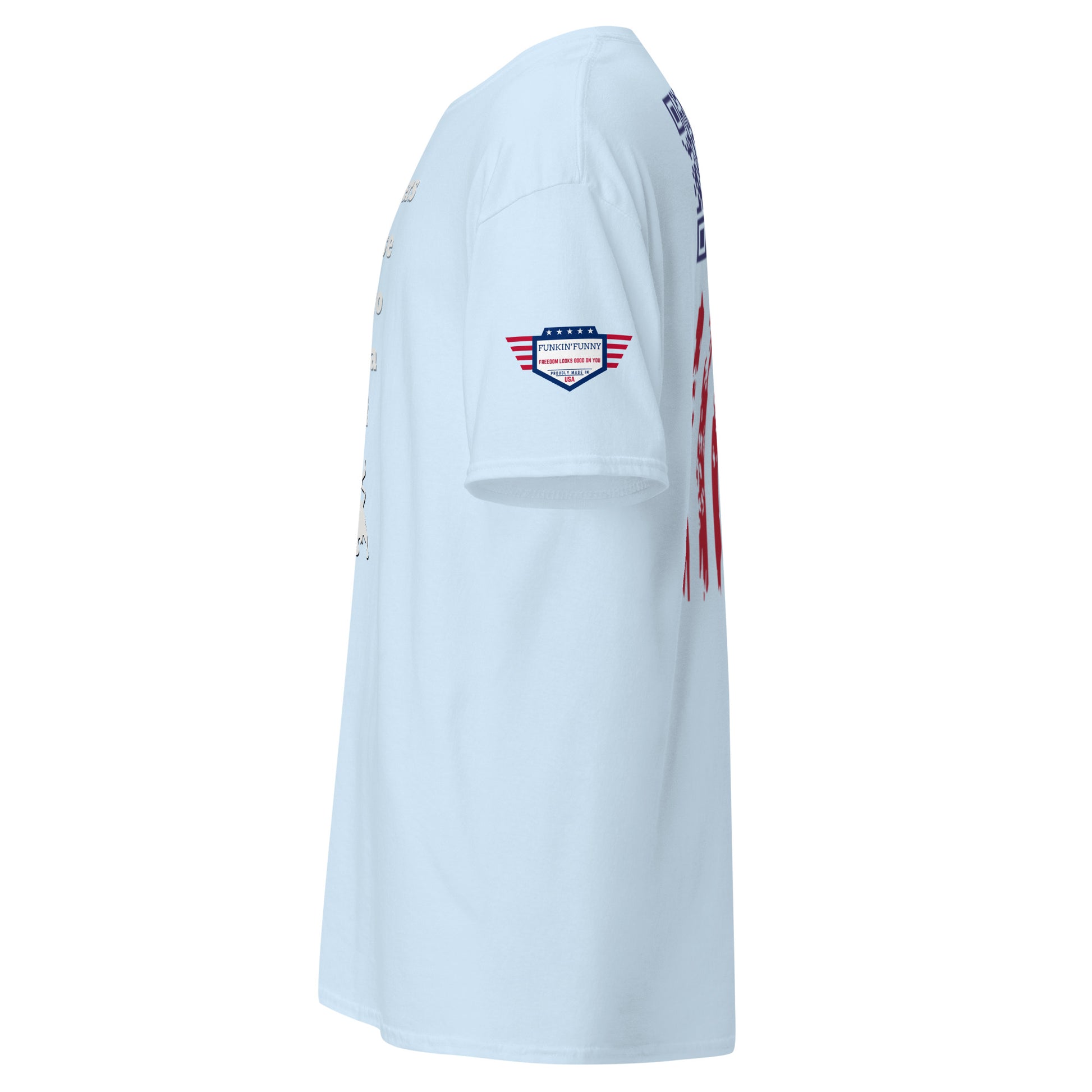 Right side view light blue unisex t-shirt showing eagle USA sleeve patch and back flag stripes