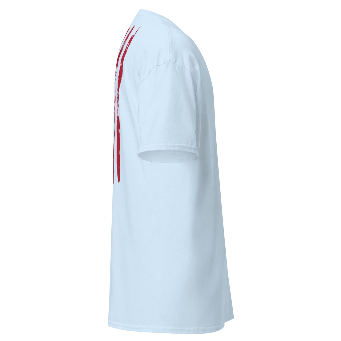 Left side view light blue unisex t-shirt with distressed red flag stripes on back