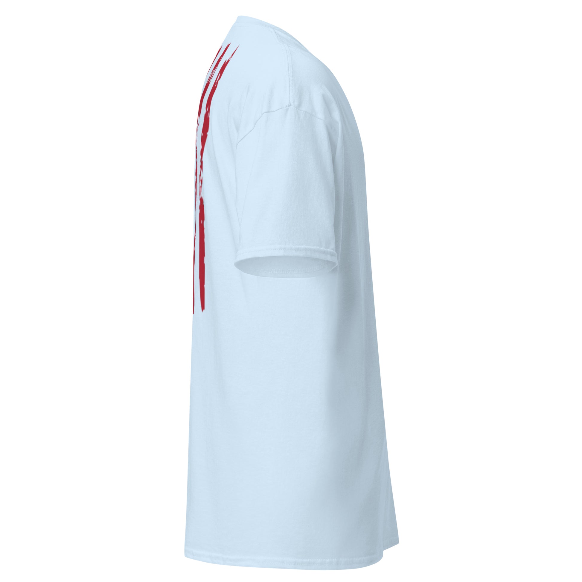 Left side view light blue unisex t-shirt with distressed red flag stripes on back