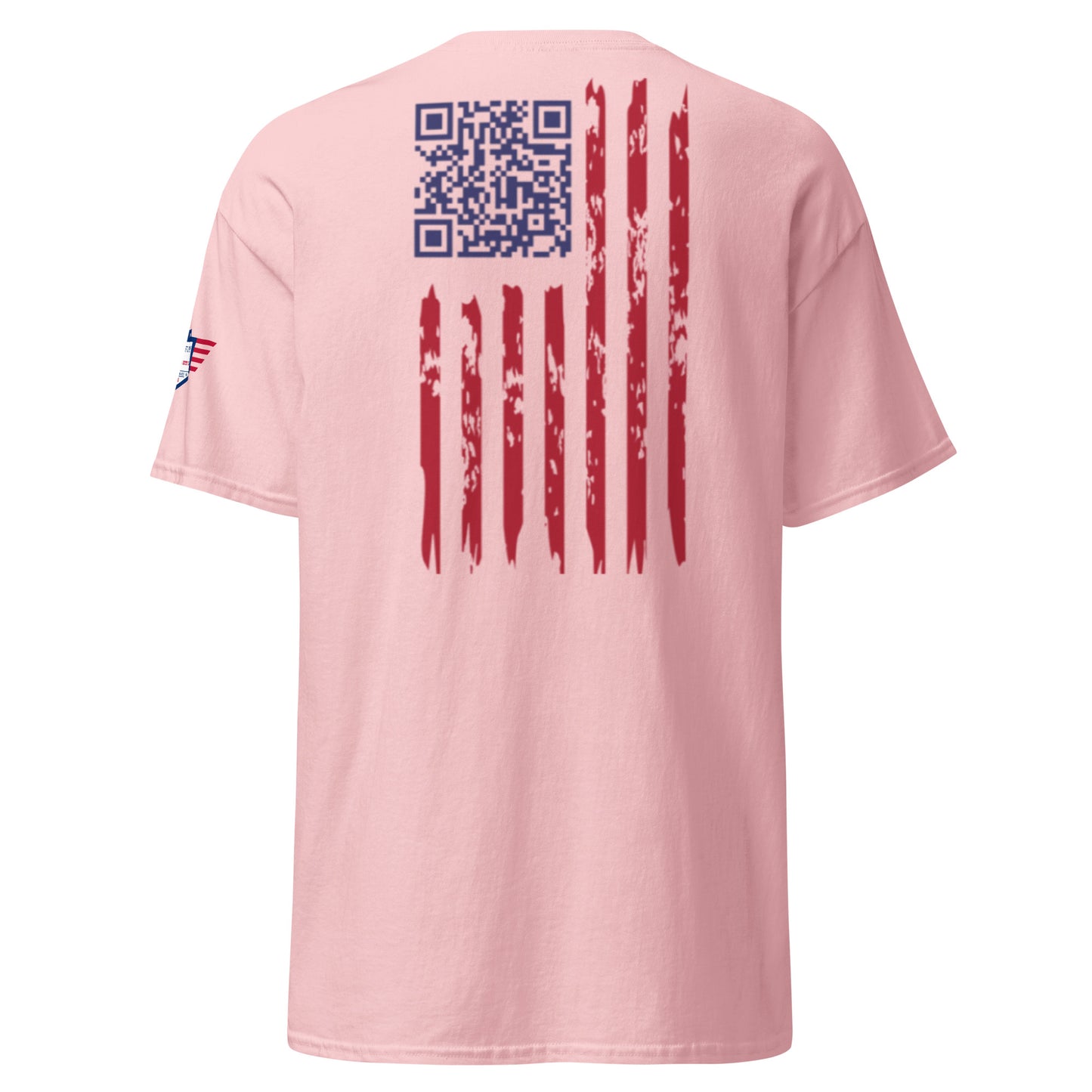 Back view of light pink tee with blue QR code, distressed red-white-blue flag stripes, and wing patch