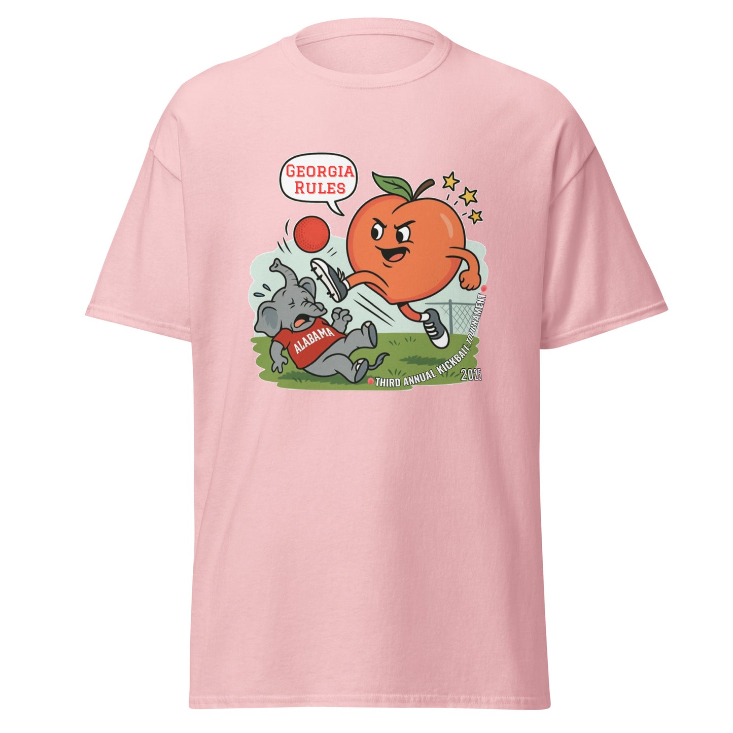 Front view of light pink classic tee with cartoon Georgia peach kicking Alabama elephant in kickball, "Georgia Rules!" bubble and "Third Annual"