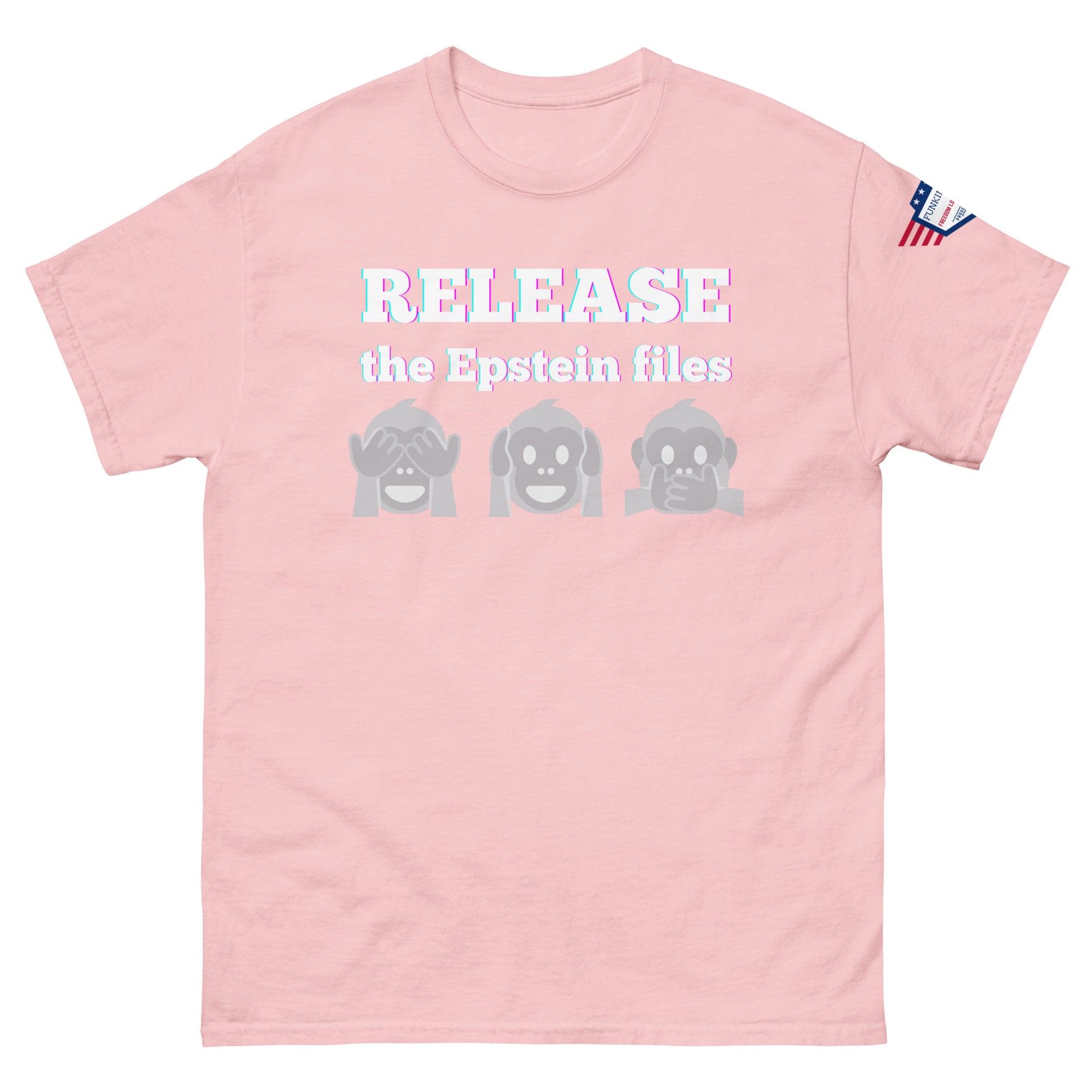 Front view of light pink t-shirt with "RELEASEASE the Epstein files" gradient text and gray see-no-evil monkeys, US flag sleeve patch
