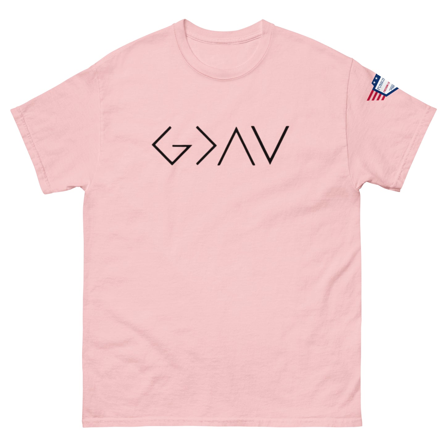 Front view of light pink unisex tee with bold black "G > AV" print and small US flag sleeve patch