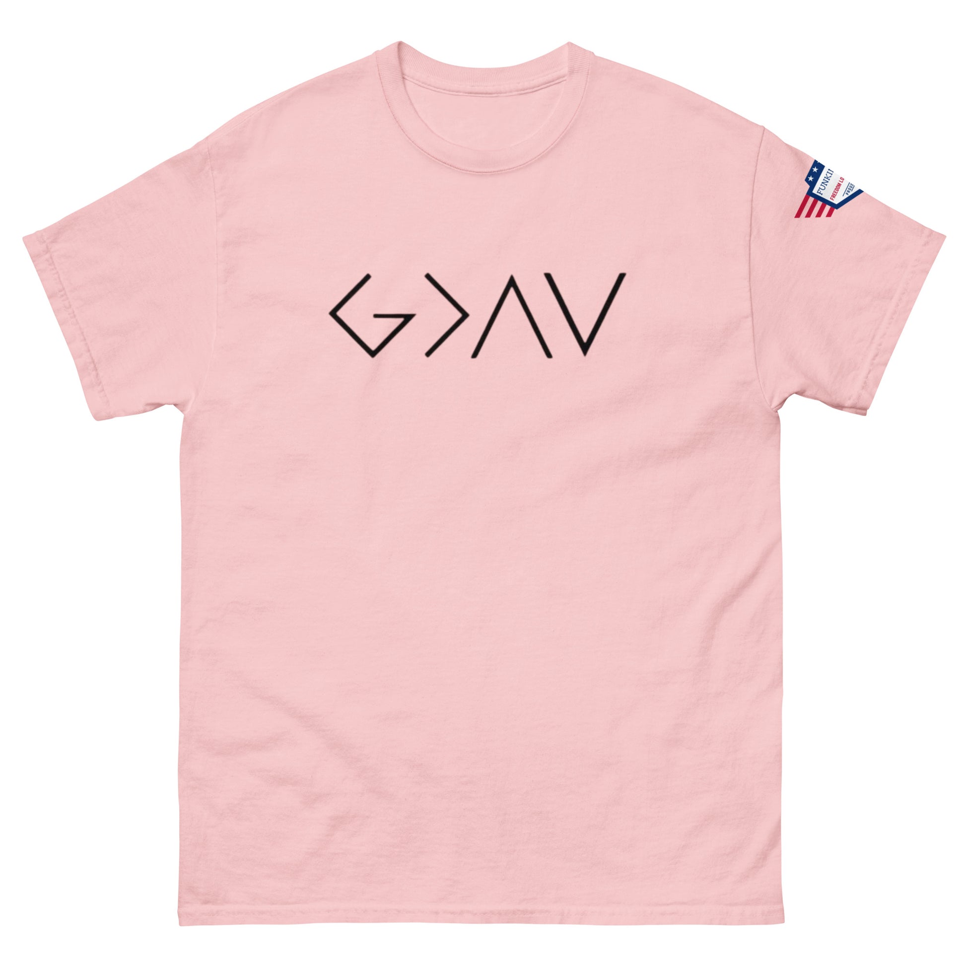 Front view of light pink unisex tee with bold black "G > AV" print and small US flag sleeve patch