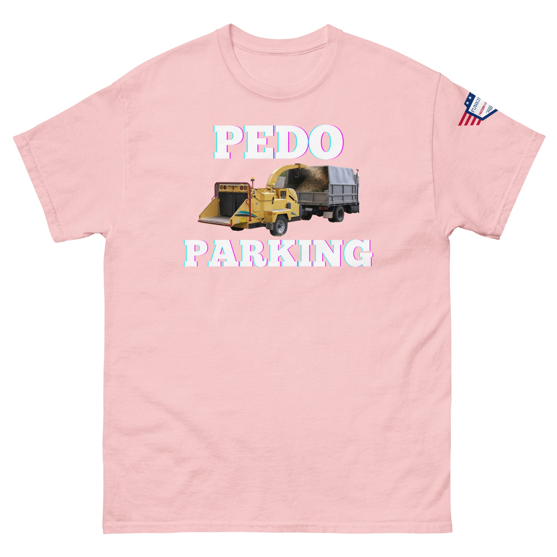 Front view of pink unisex tee featuring "PEDOO PARKING" in pink glow, yellow payloader truck graphic, small USA flag on sleeve