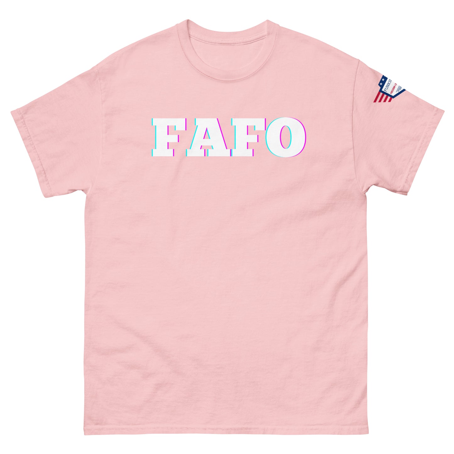 Front view of pink unisex tee with bold glitchy "FAFO" graphic and US flag sleeve patch
