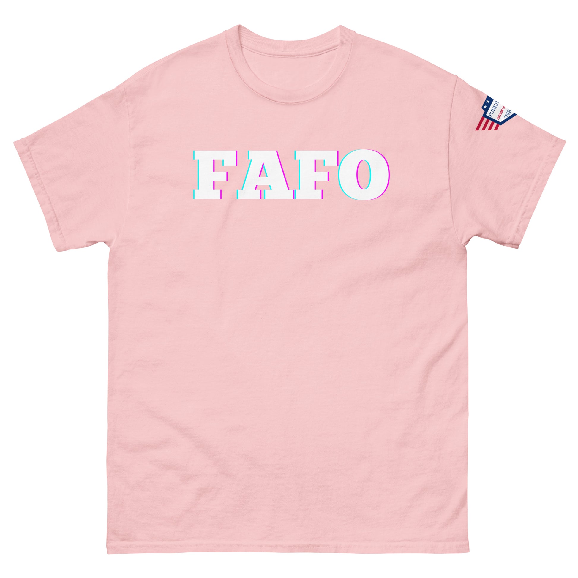 Front view of pink unisex tee with bold glitchy "FAFO" graphic and US flag sleeve patch