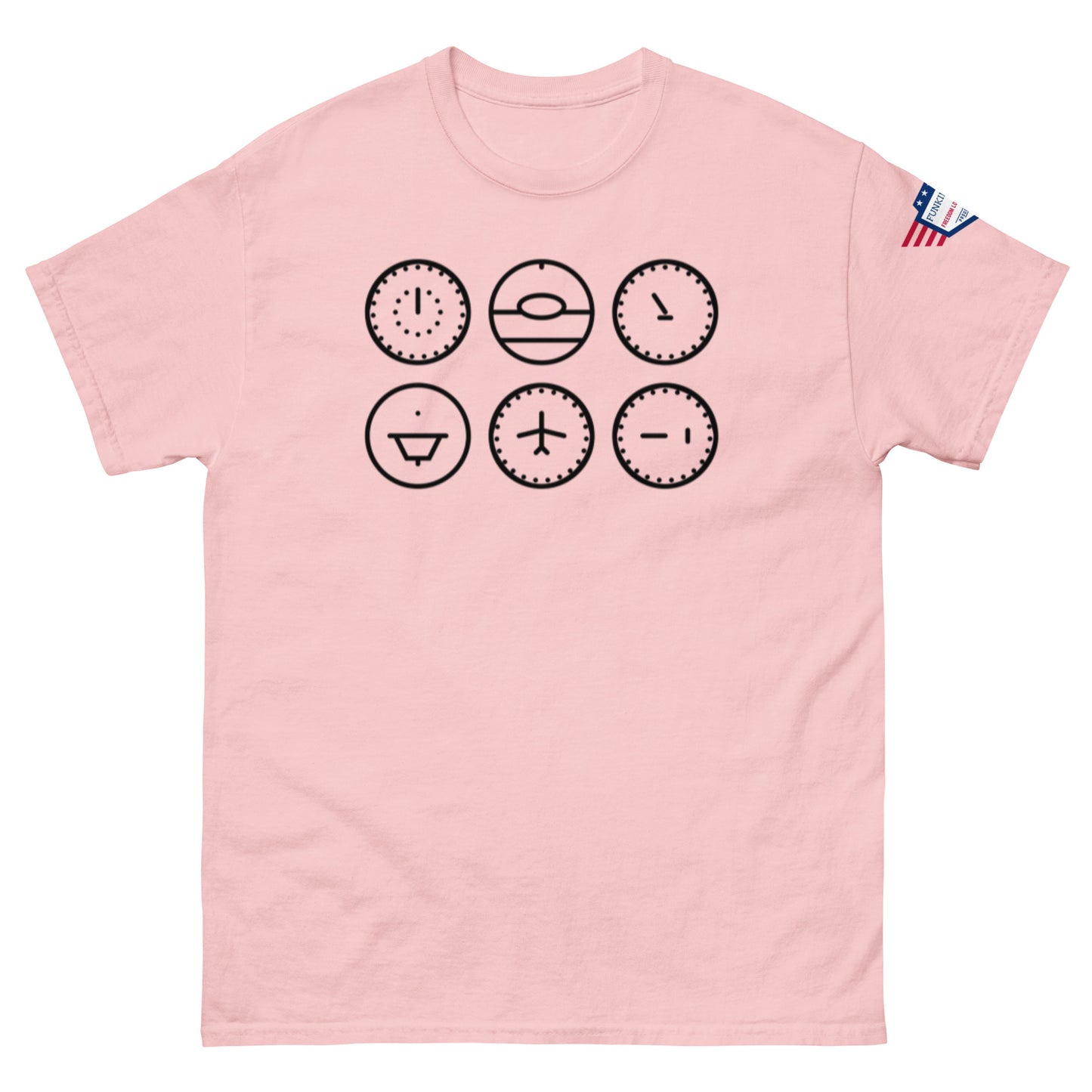 Front view of pastel pink classic t-shirt featuring row of quirky black clock graphics with faces and hands