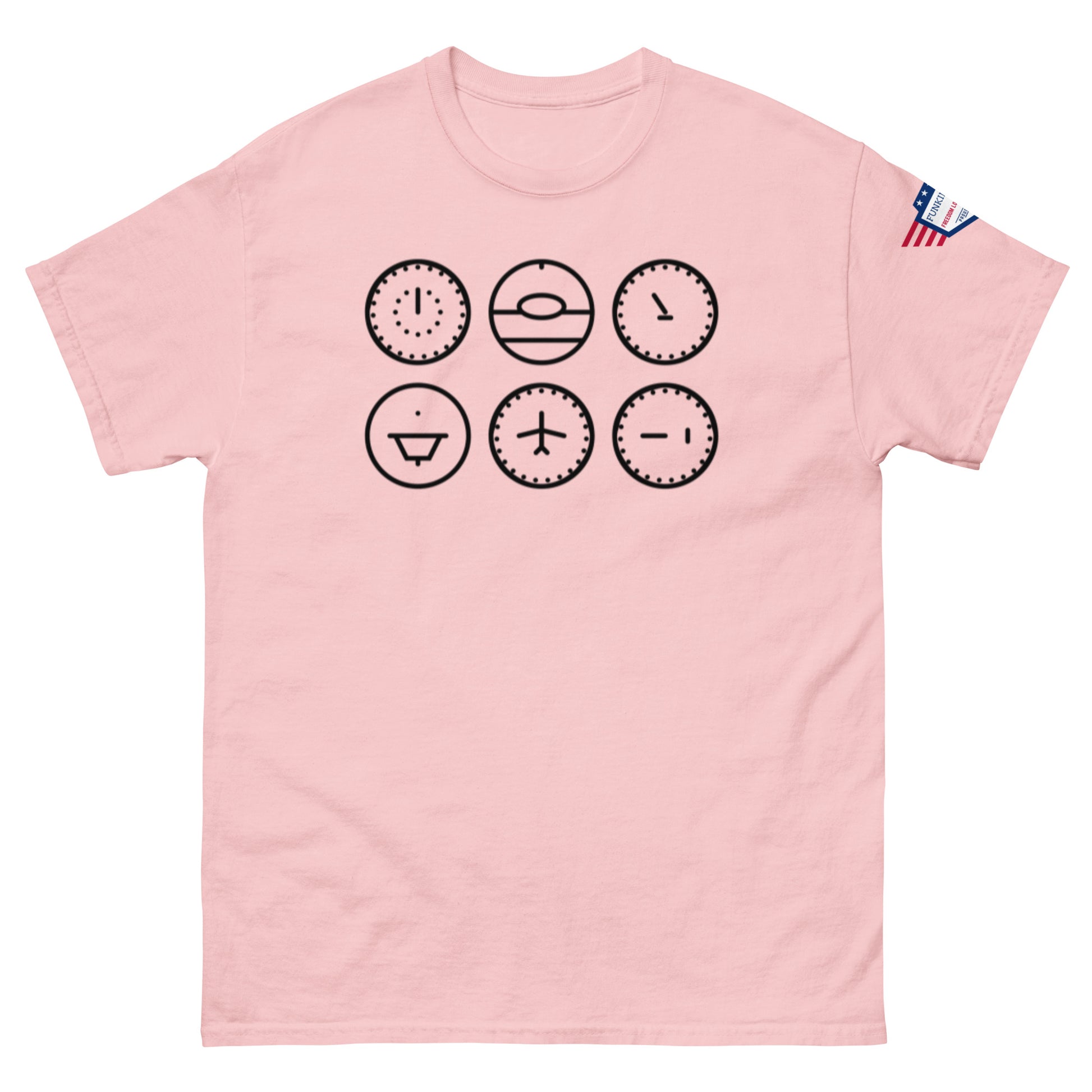 Front view of pastel pink classic t-shirt featuring row of quirky black clock graphics with faces and hands