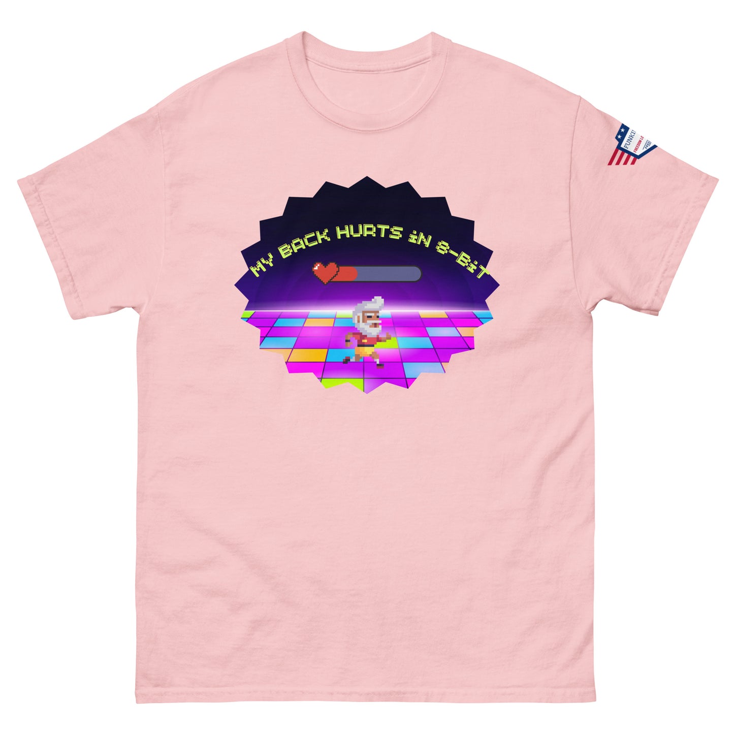 Front view of light pink tee featuring "My back hurts so bad" retro chef meme graphic on neon disco starburst, small USA flag on sleeve