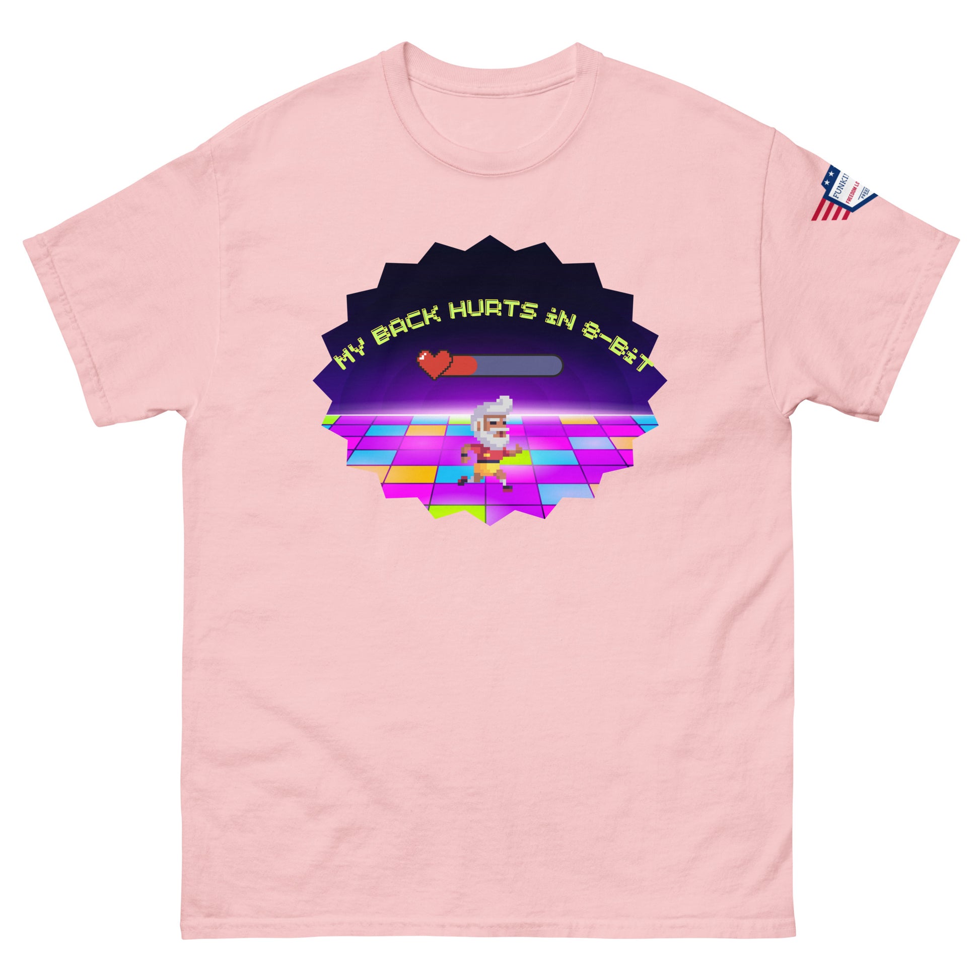 Front view of light pink tee featuring "My back hurts so bad" retro chef meme graphic on neon disco starburst, small USA flag on sleeve