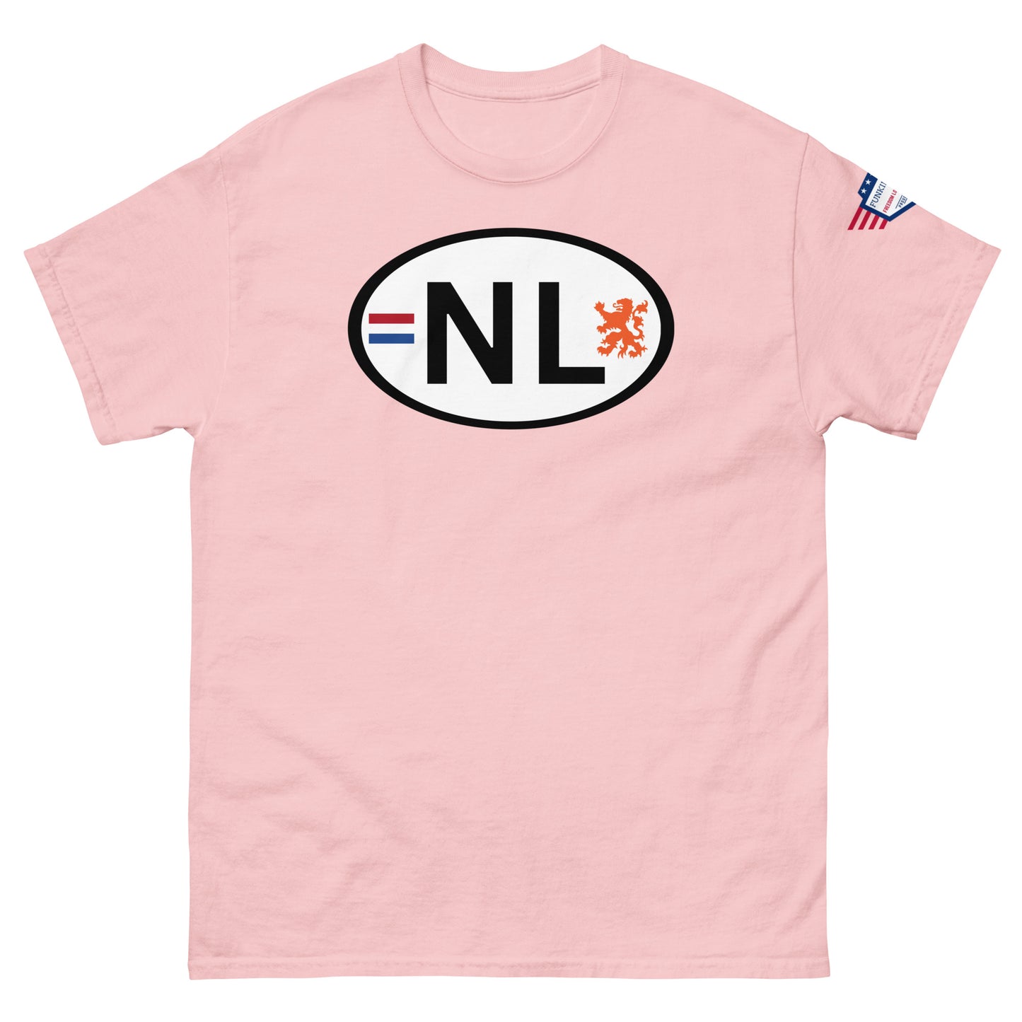 Front view of pink unisex classic tee with white oval NL license plate print, Dutch flag stripes, orange lion, USA flag sleeve patch