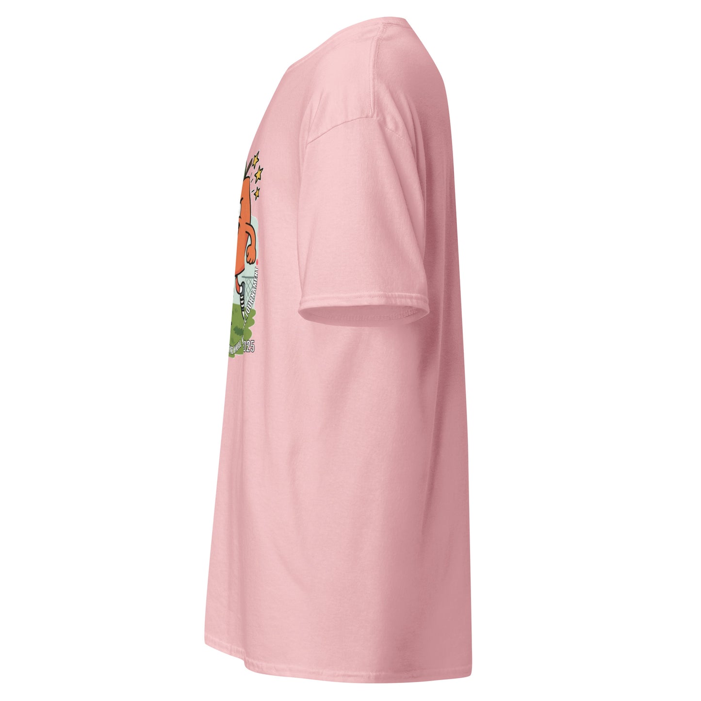 Right side view of light pink classic tee showing edge of colorful kickball print