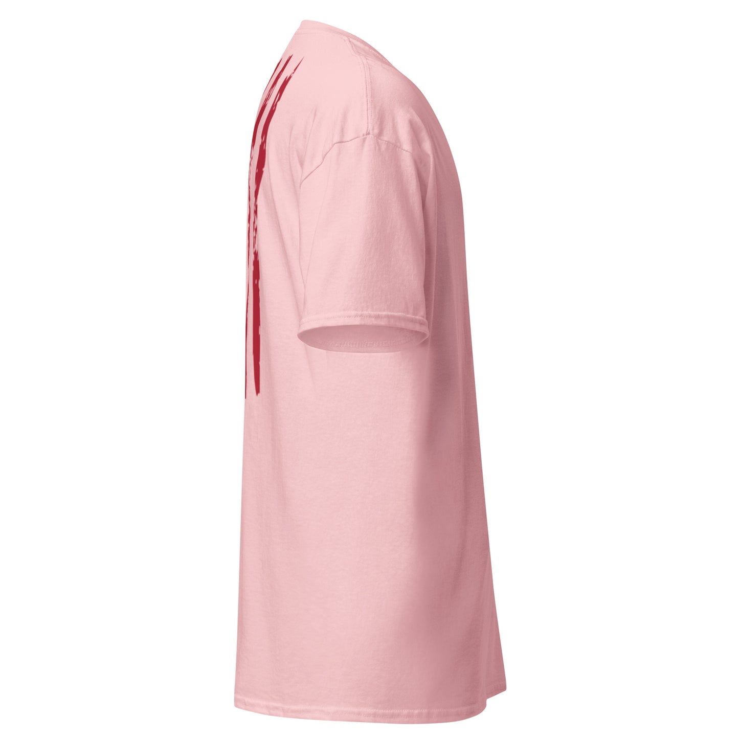 Left side view of light pink tee with vertical red flag stripes trailing down