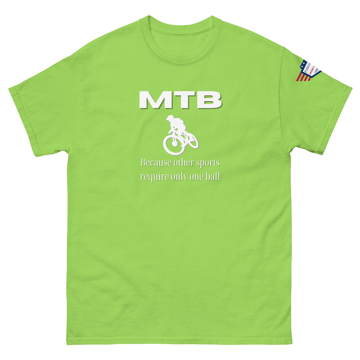 Front view of lime green tee with white "MTB" bold print, MTB rider icon, "Because other sports require only one ball", US flag patch