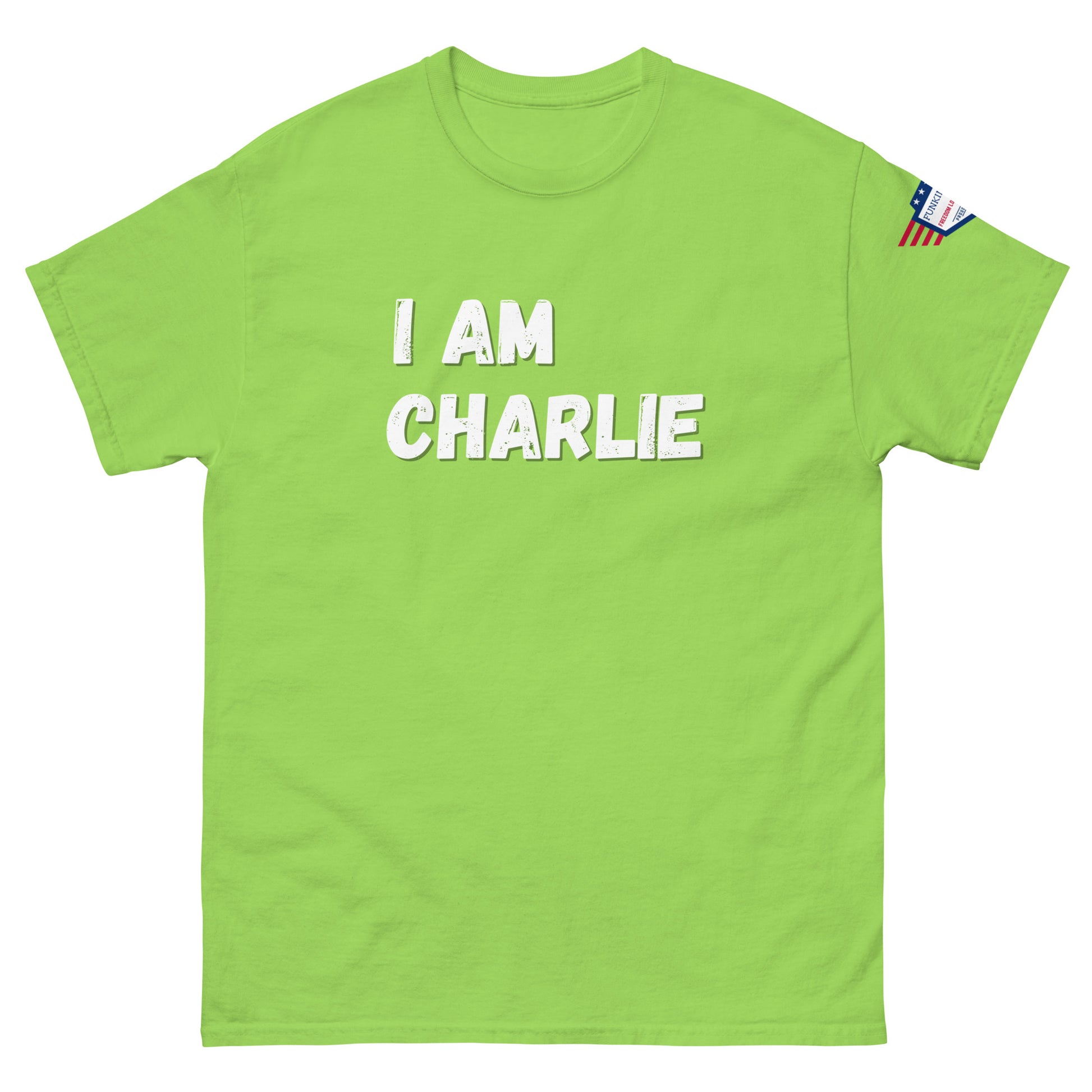 Mint green tee front with distressed white "I AM CHARLIE" text, flag sleeve patch