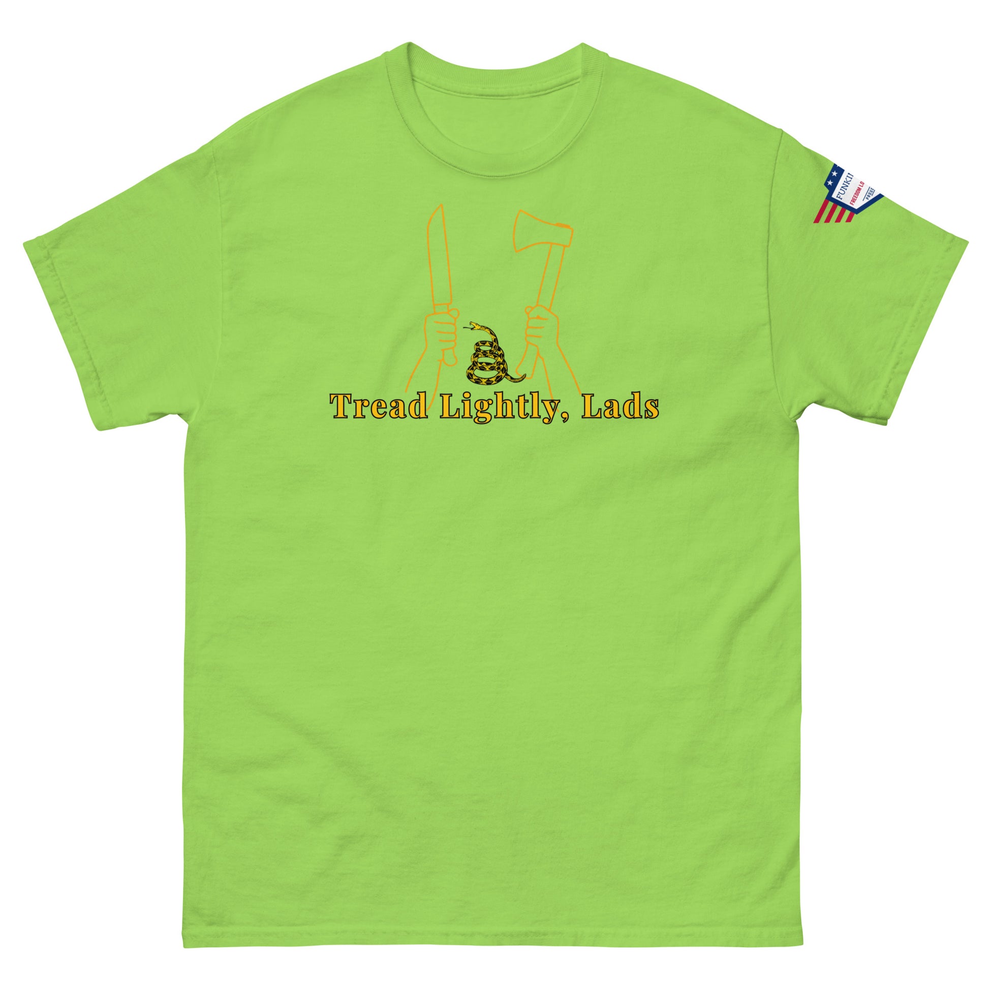 Front view of mint green unisex tee featuring "Tread Lightly, Lads" yellow graphic: hands with knife, axe, & coiled snake, US flag on sleeve