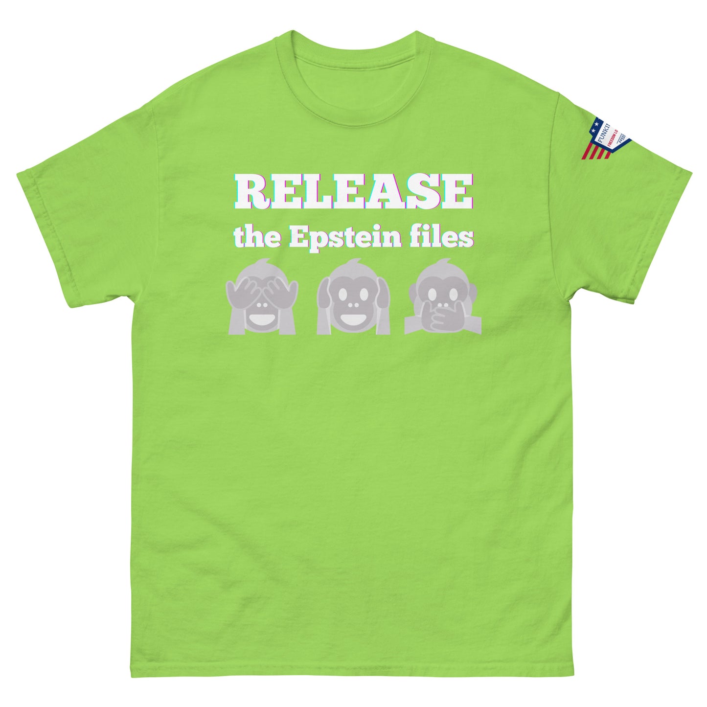 Front view of lime green t-shirt with "RELEASEASE the Epstein files" gradient text and gray see-no-evil monkeys, US flag sleeve patch