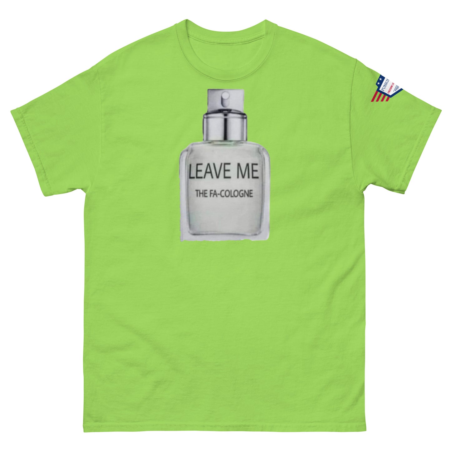 Front view of lime green unisex tee with "LEAVE ME THE FA COLOGNE" bottle graphic and flag sleeve patch