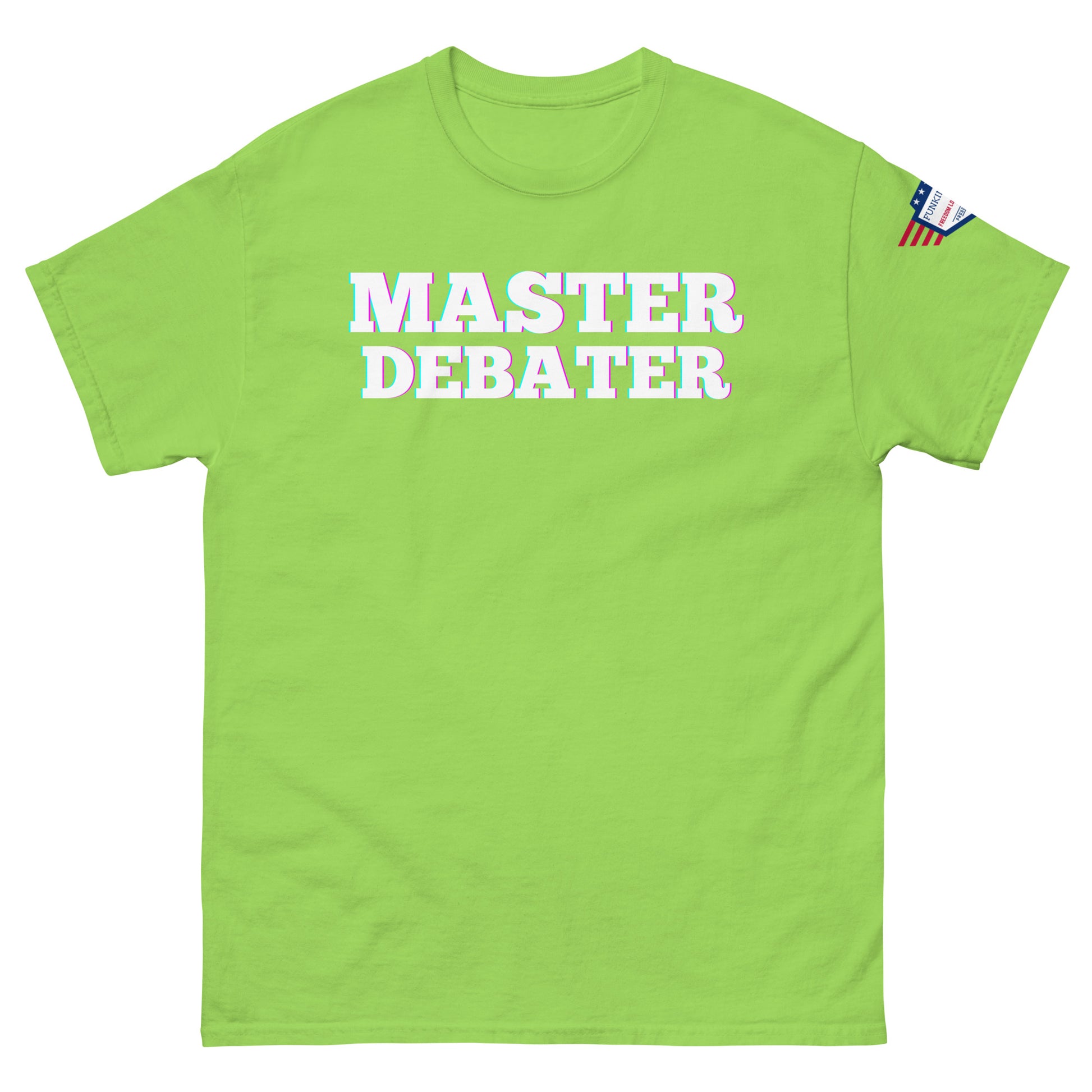 Front view of bright green unisex tee with "MASTER DEBATER" glow print and US flag sleeve label