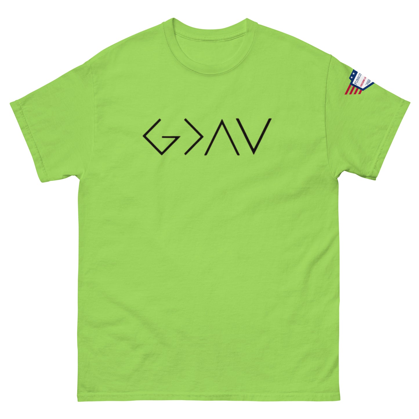 Front view of lime green unisex tee with bold black "G > AV" print and small US flag sleeve patch