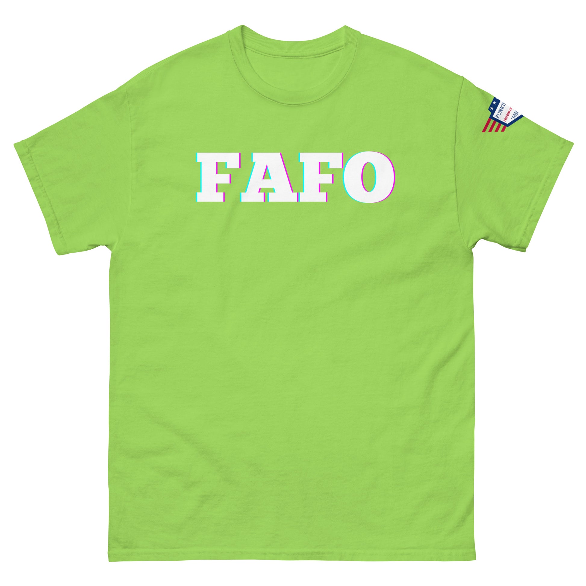 Front view of lime green tee sporting trippy "FAFO" letters and American flag sleeve tag