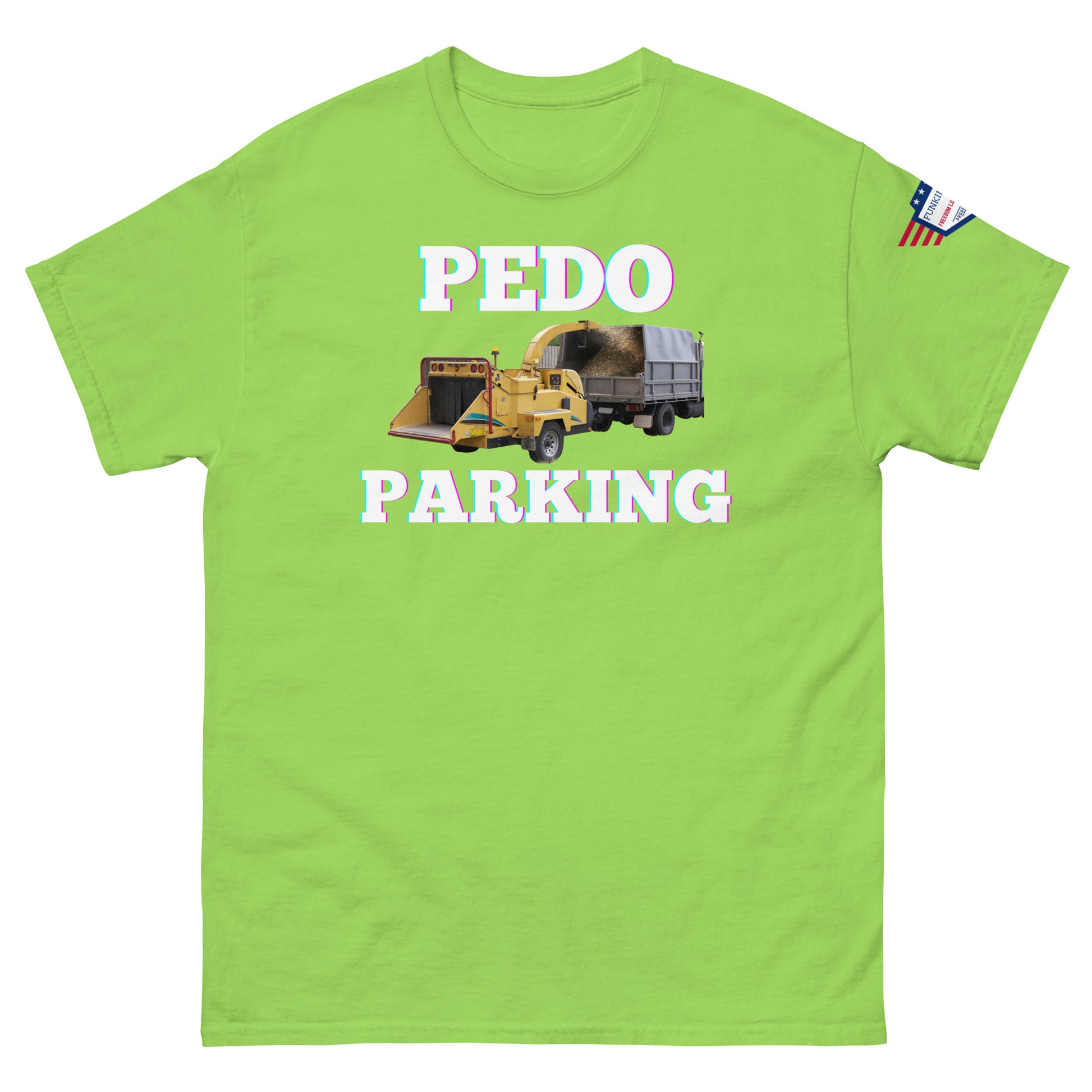 Front view of green unisex tee with bold "PEDOO PARKING" meme text, yellow loader and dump truck print, USA flag sleeve patch