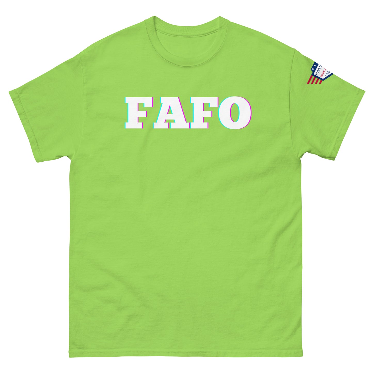 Front view of lime green unisex tee with bold glitchy "FAFO" graphic and US flag sleeve patch