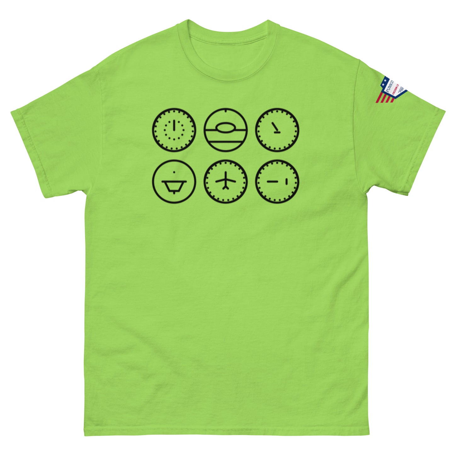 Front view of bright green tee showing six bold black clock designs, from smiles to airplane o'clock