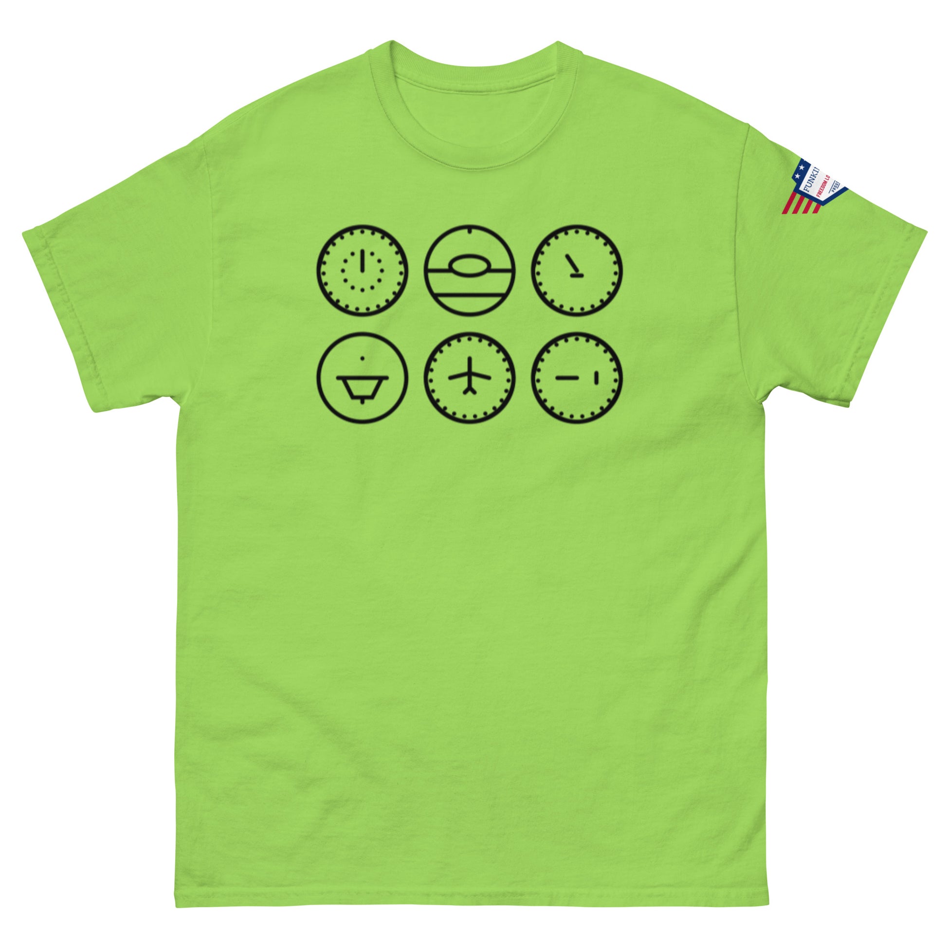Front view of bright green tee showing six bold black clock designs, from smiles to airplane o'clock