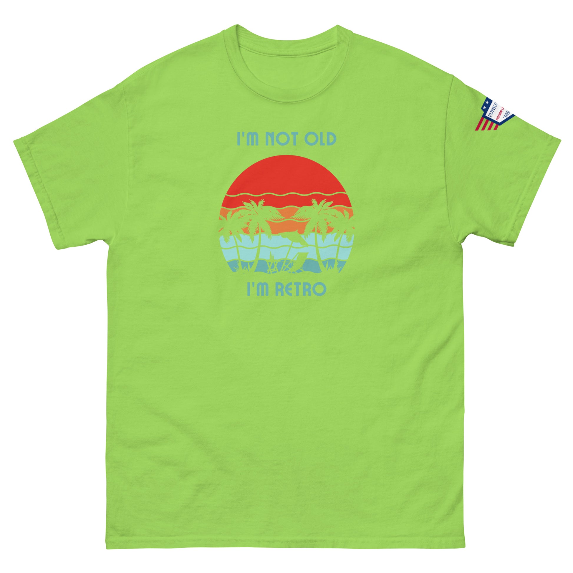 Front view of lime green "I'm Not Old I'm Retro" t-shirt with vibrant palm sunset print and USA patch