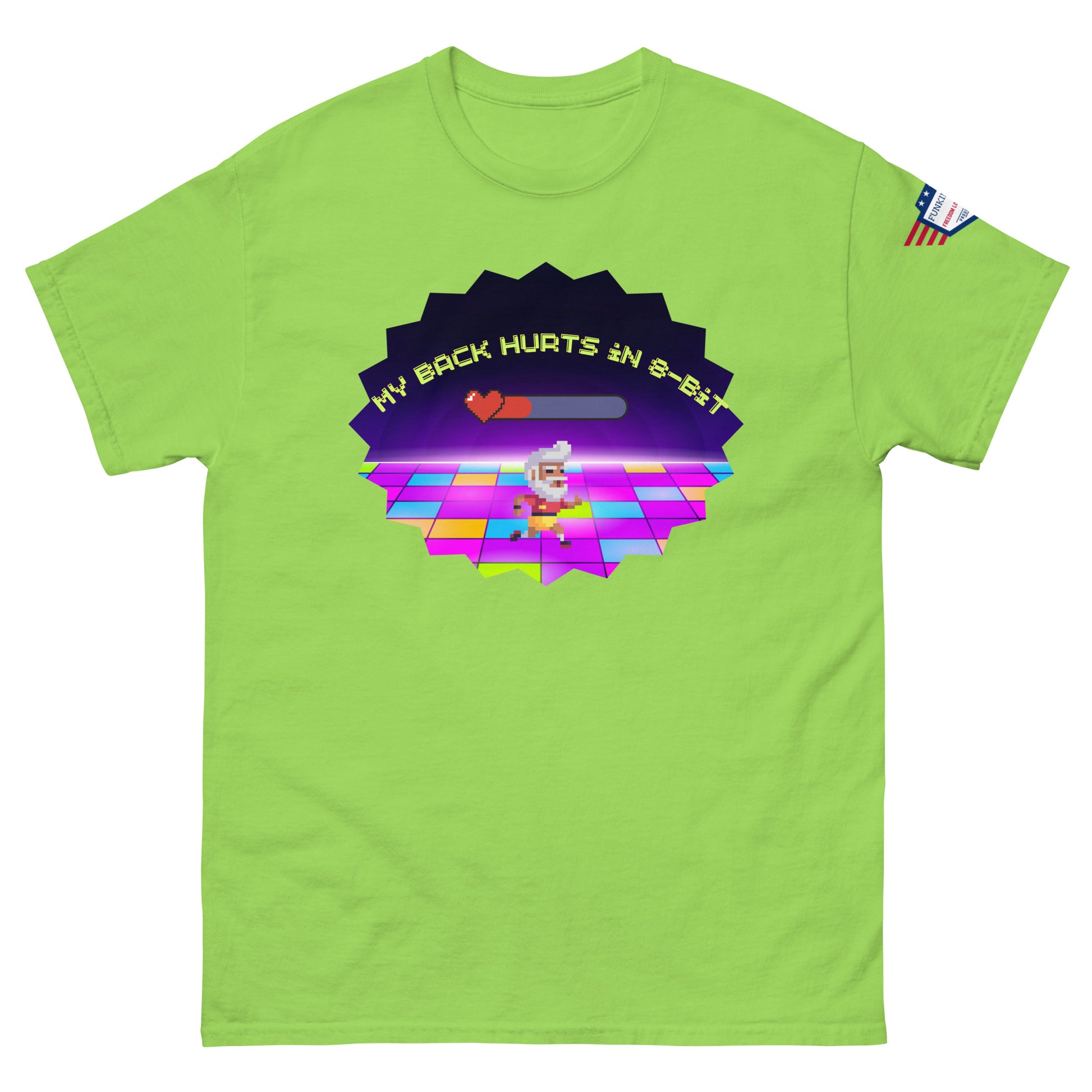 Front view of bright green tee with arched "My back hurts so bad" text over dancing chef and pixel disco tiles in vibrant starburst