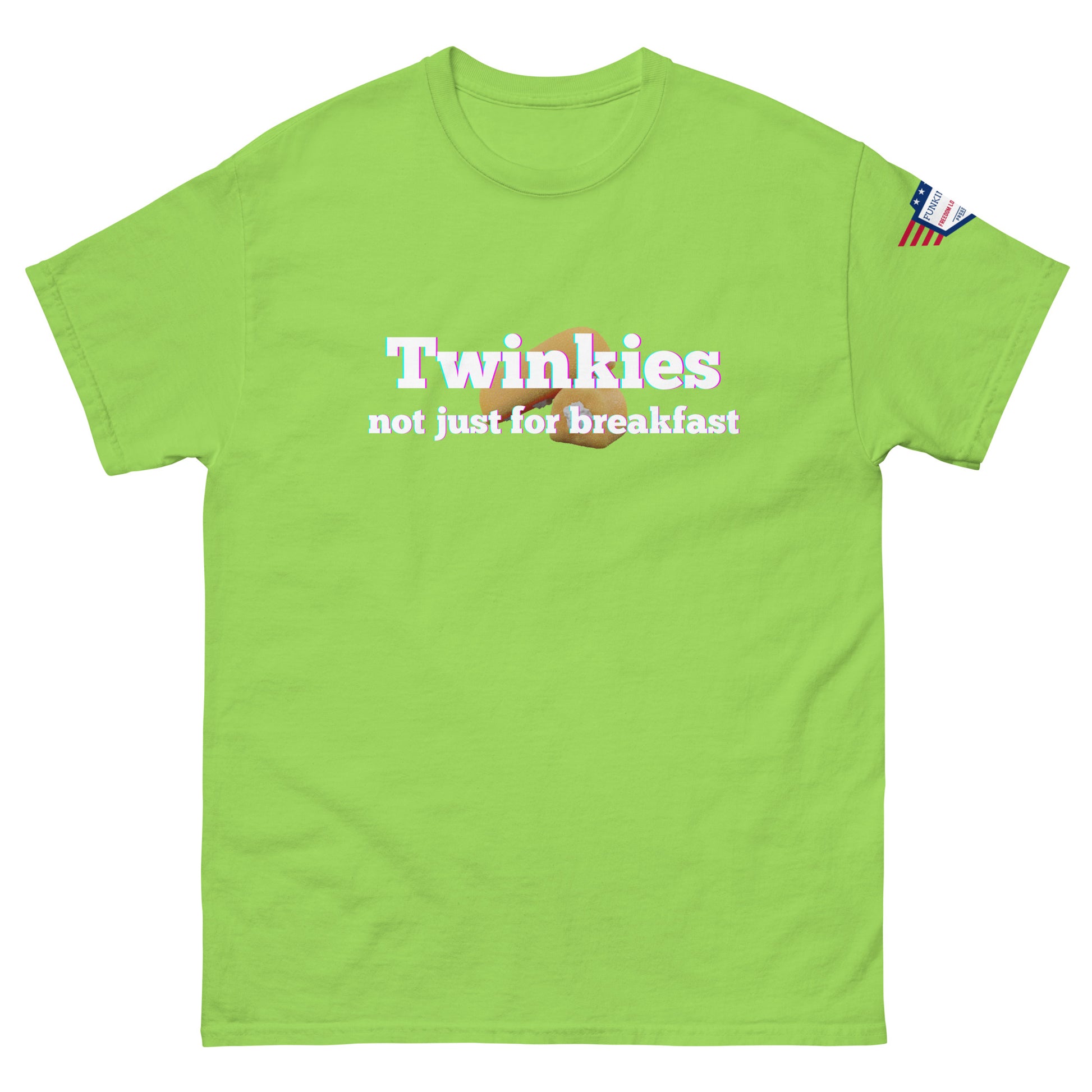 Front view of lime green tee with bold "Twinkies not just for breakfast" design and golden Twinkie, stars-and-stripes sleeve tag