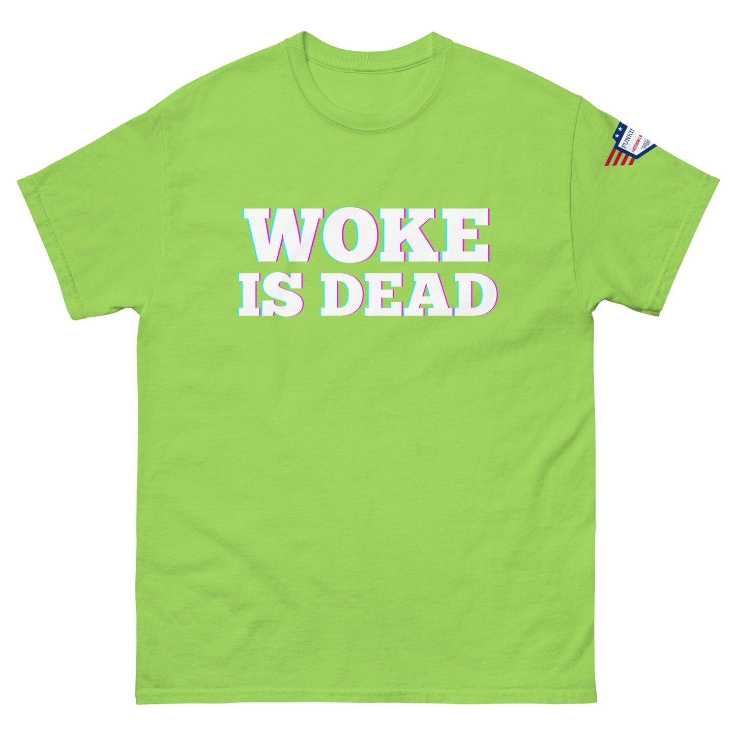 Front view of lime green tee rocking glitchy "WOKE IS DEAD" letters, flag sleeve detail