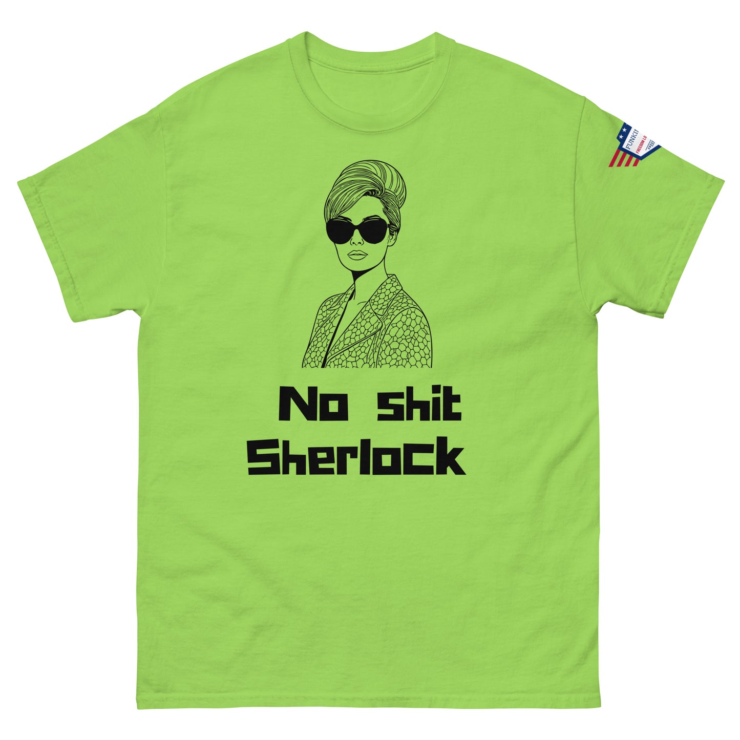 Front view of lime green unisex t-shirt with black line-art "No shit Sherlock" and suited beehive lady