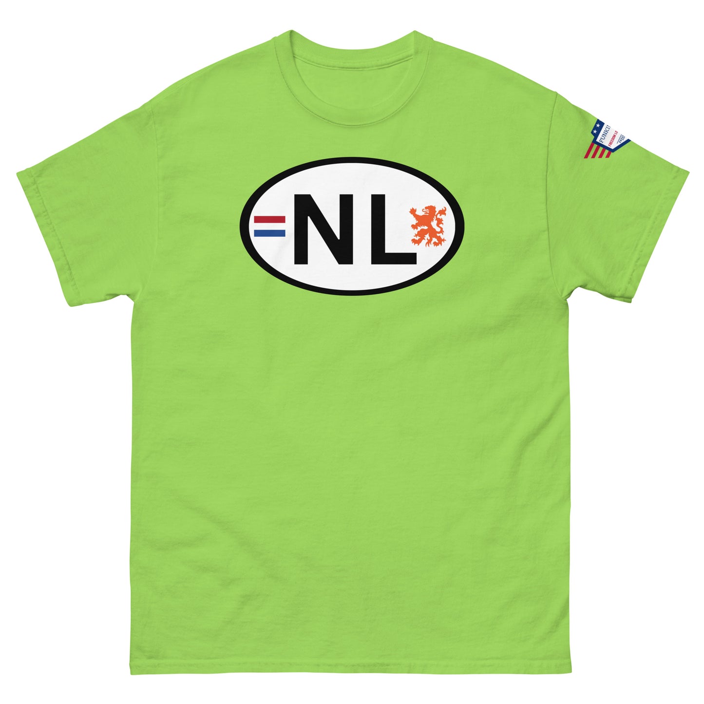 Front view of lime green unisex classic tee with white oval NL license plate print, Dutch flag stripes, orange lion, USA flag sleeve patch