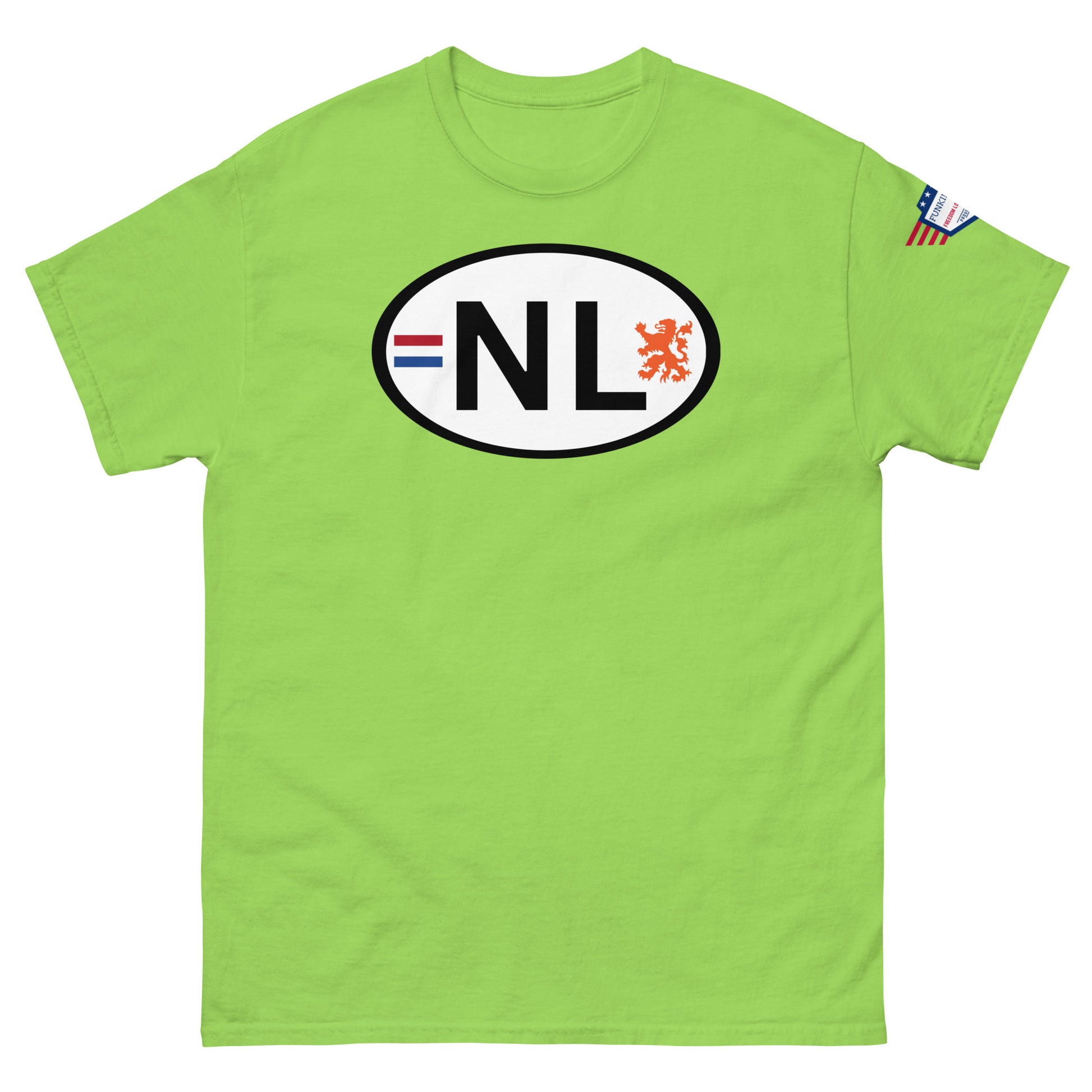 Front view of lime green unisex classic tee with white oval NL license plate print, Dutch flag stripes, orange lion, USA flag sleeve patch