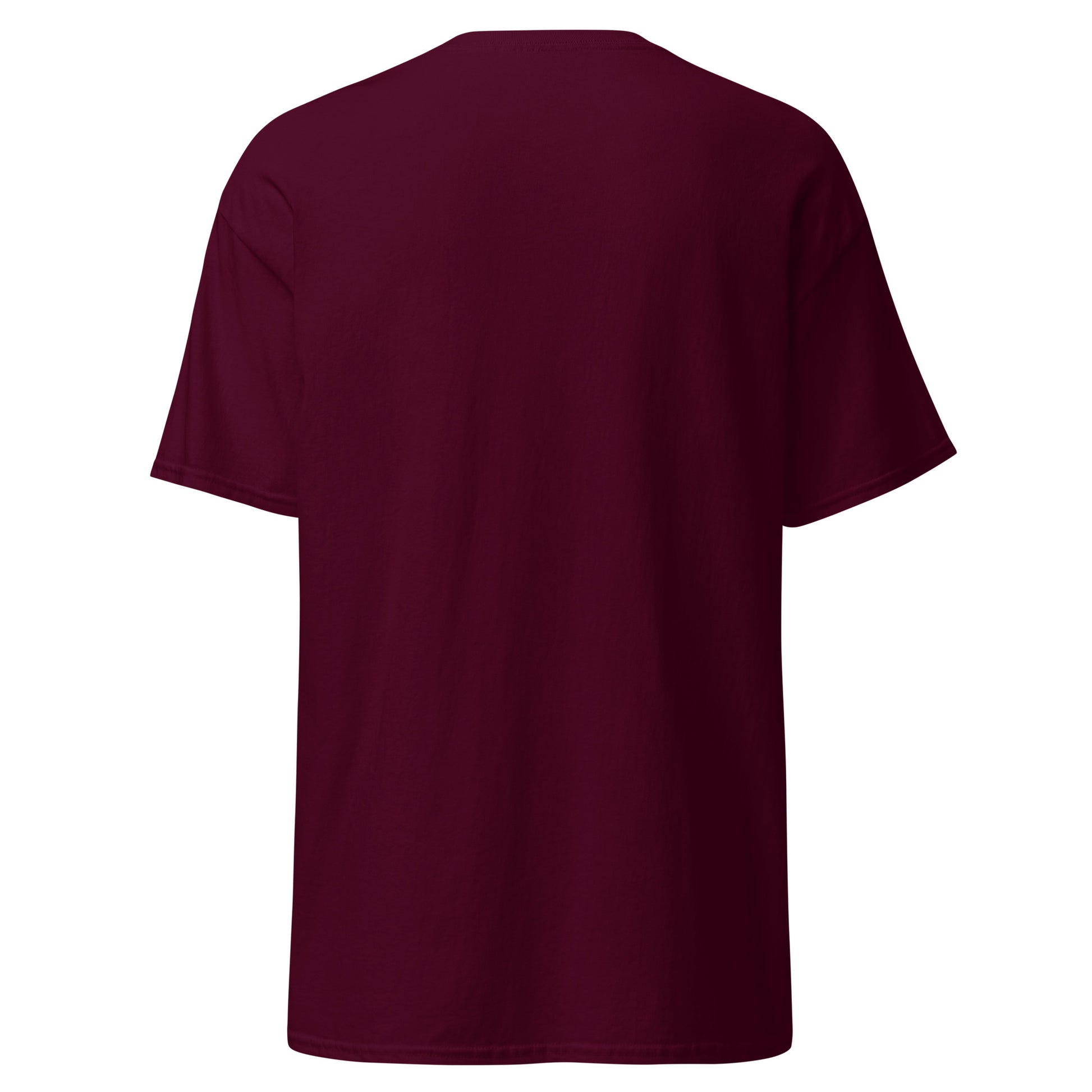 Back view of plain maroon classic tee — blank canvas for that front punch