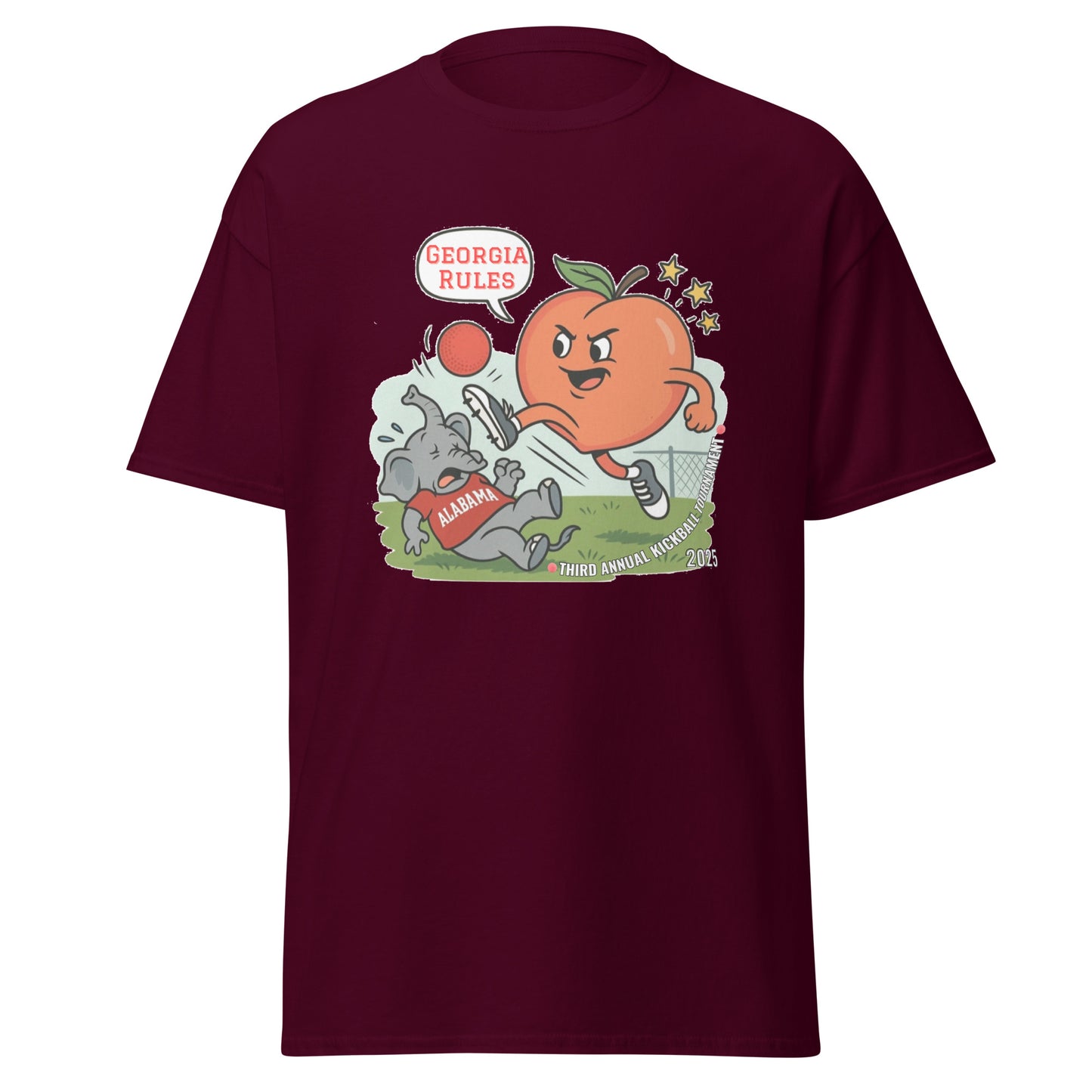 Front view of maroon classic tee featuring Georgia peach dominating Alabama elephant in kickball, "Georgia Rules!"