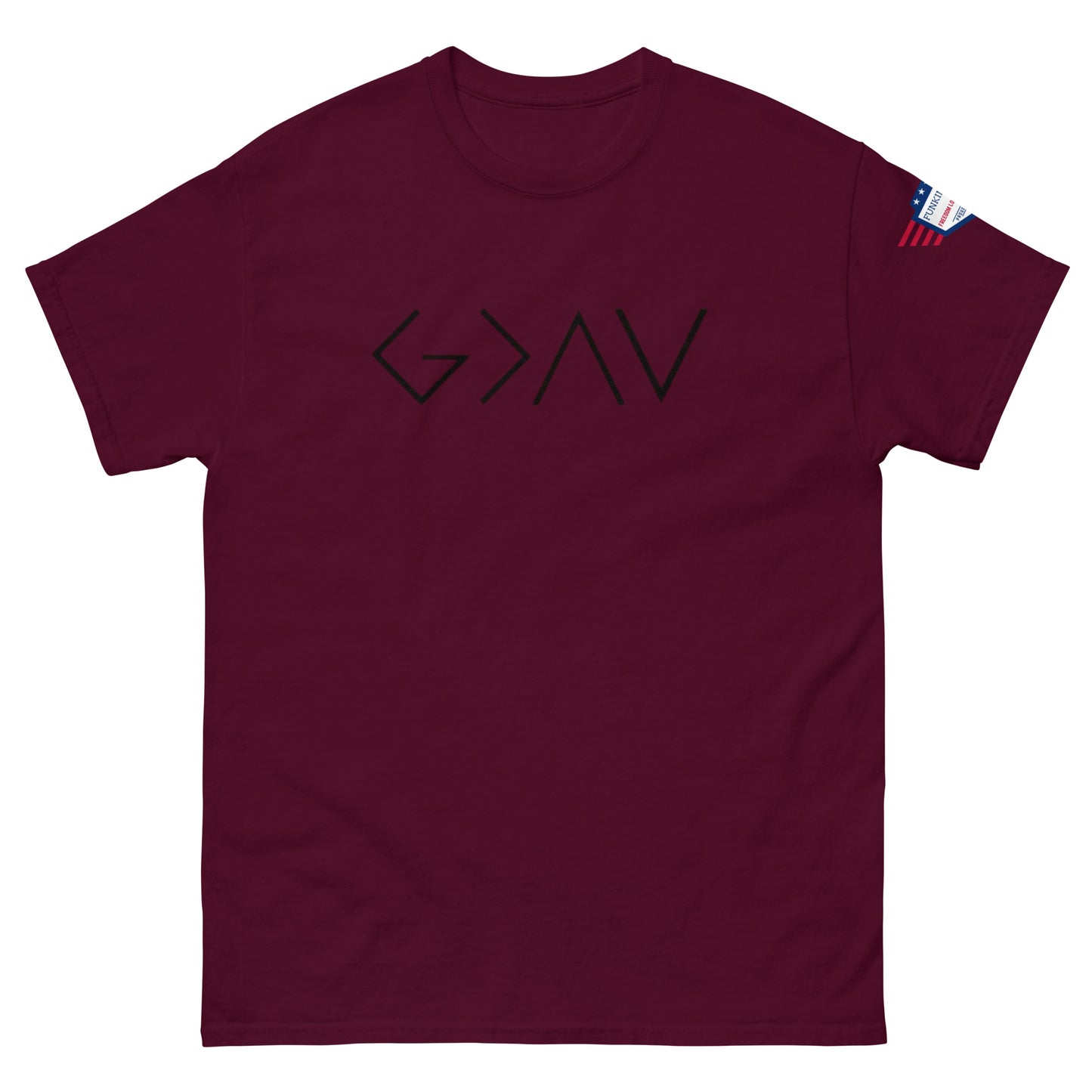 Front view of maroon unisex tee with bold black "G > AV" print and small US flag sleeve patch