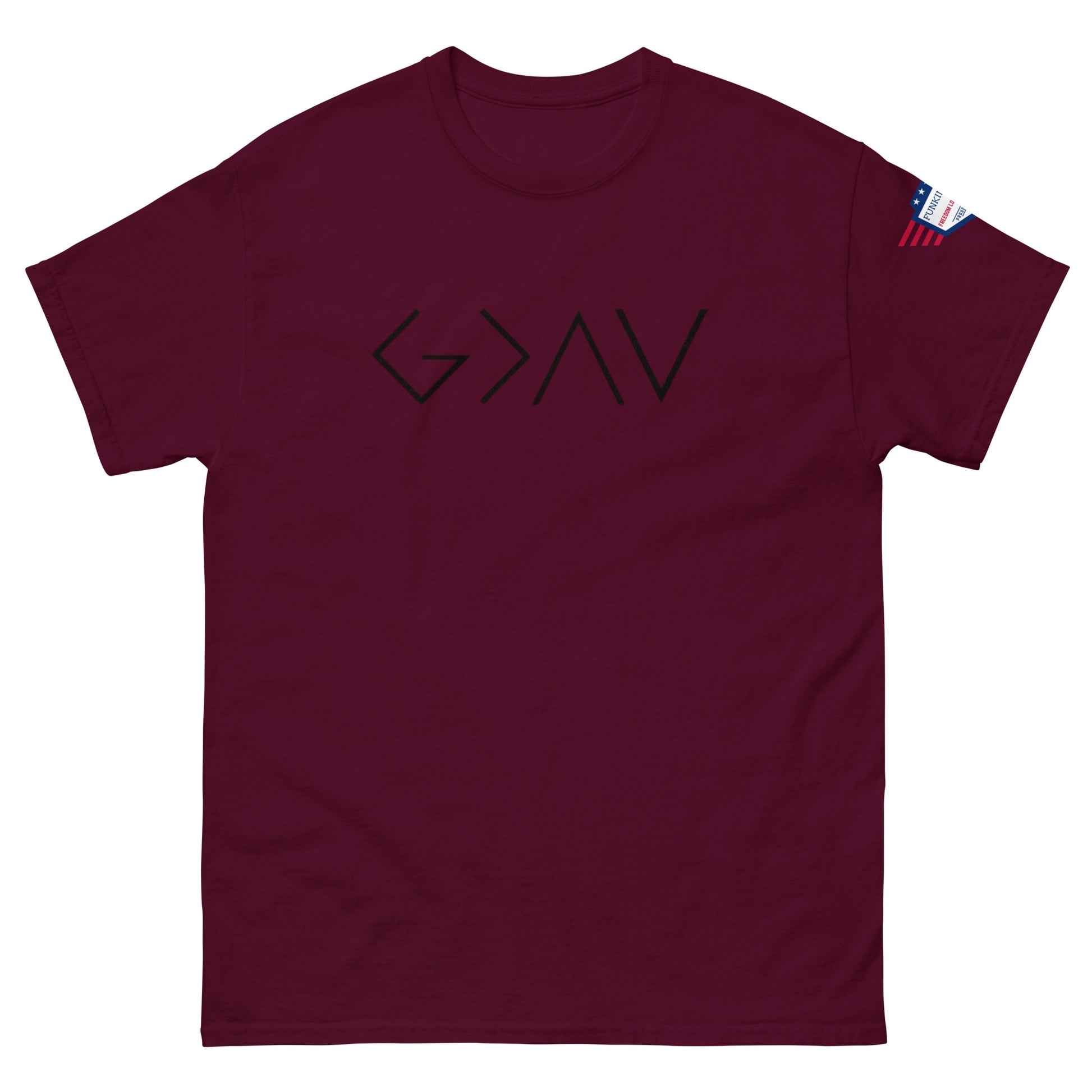 Front view of maroon unisex tee with bold black "G > AV" print and small US flag sleeve patch