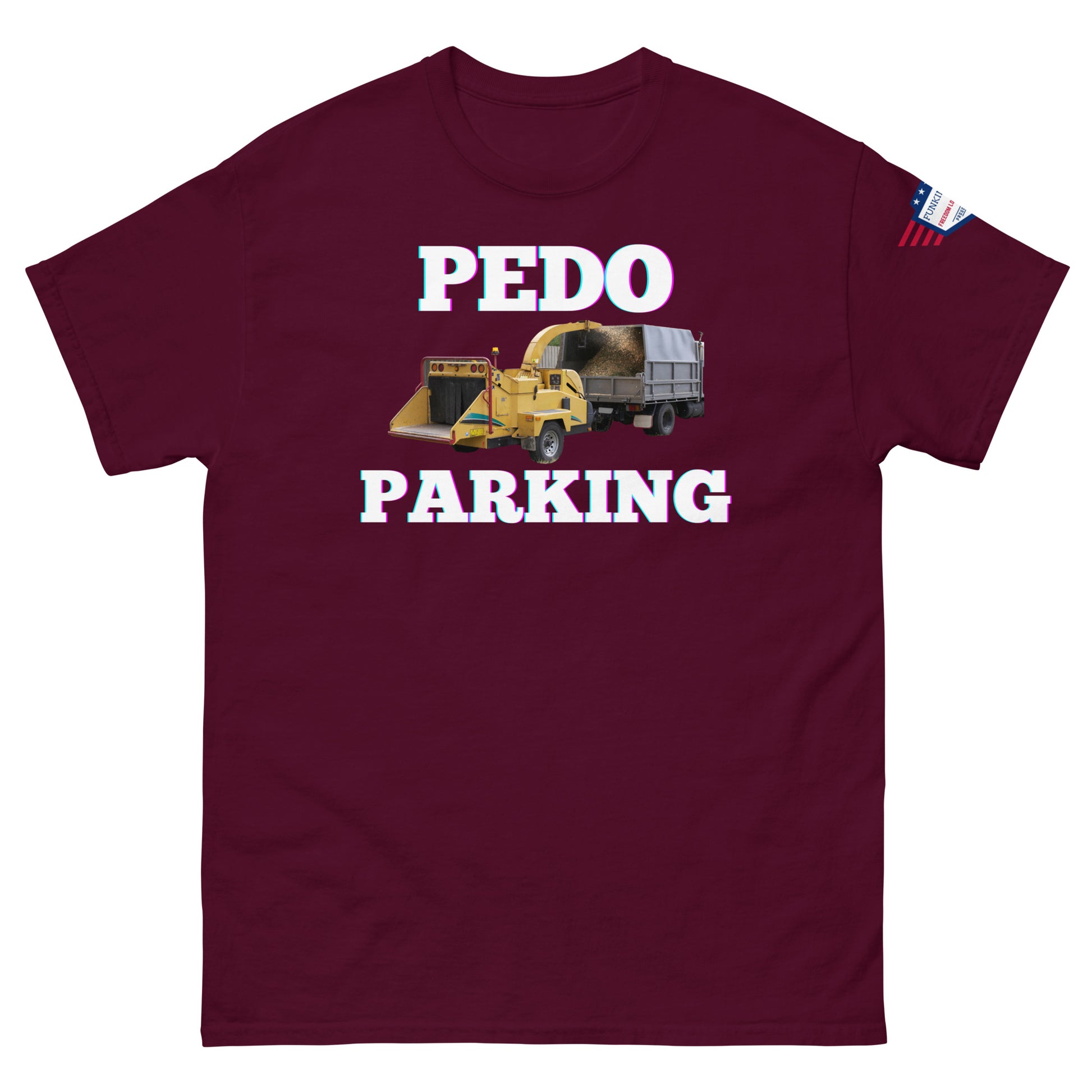 Front view of maroon unisex tee showing "PEDOO PARKING" glow text over yellow loader dumping rocks, USA flag on right sleeve
