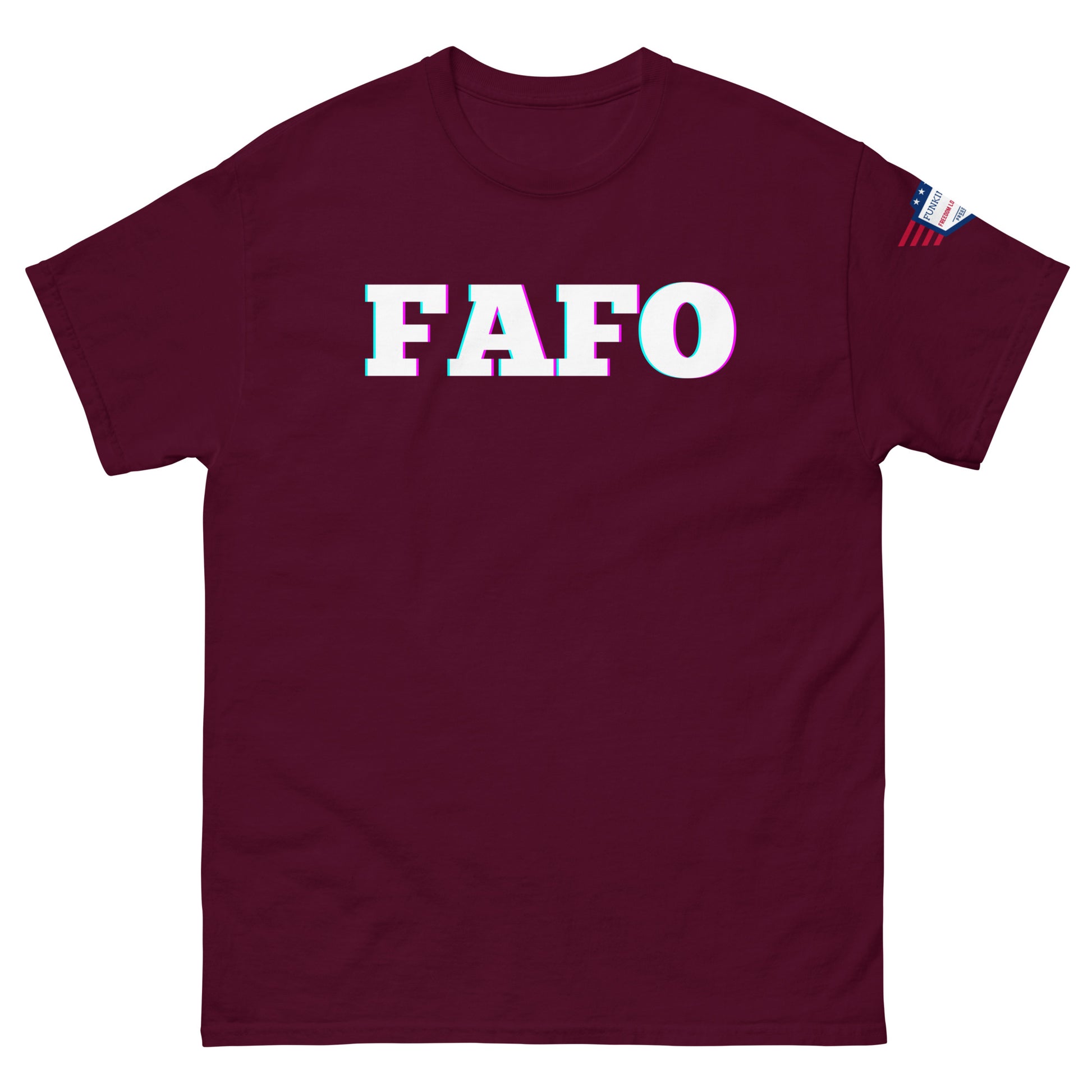 Front view of maroon unisex tee with bold glitchy "FAFO" graphic and US flag sleeve patch