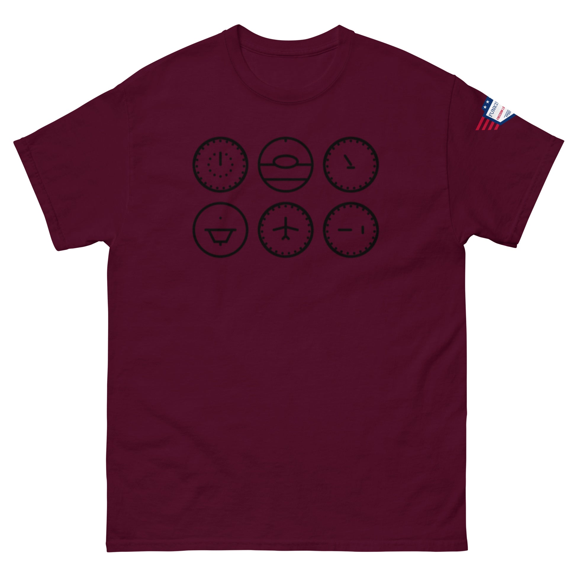 Front view of maroon unisex t-shirt with black print of expressive clocks, sunny and frowny included