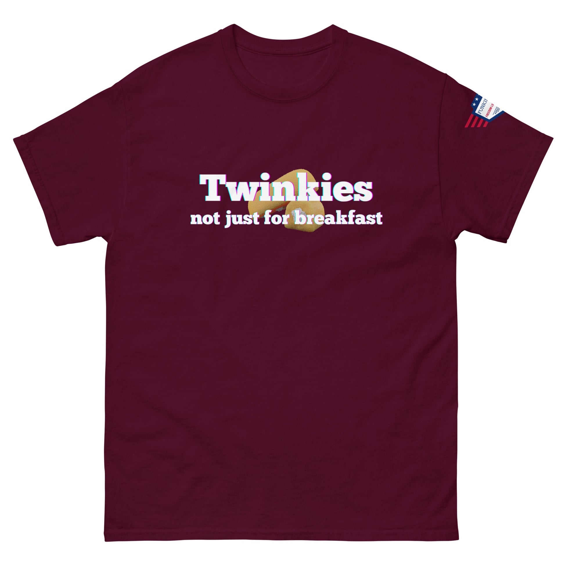 Front view of maroon unisex t-shirt showing "Twinkies not just for breakfast" graphic with Twinkie, USA patch on sleeve
