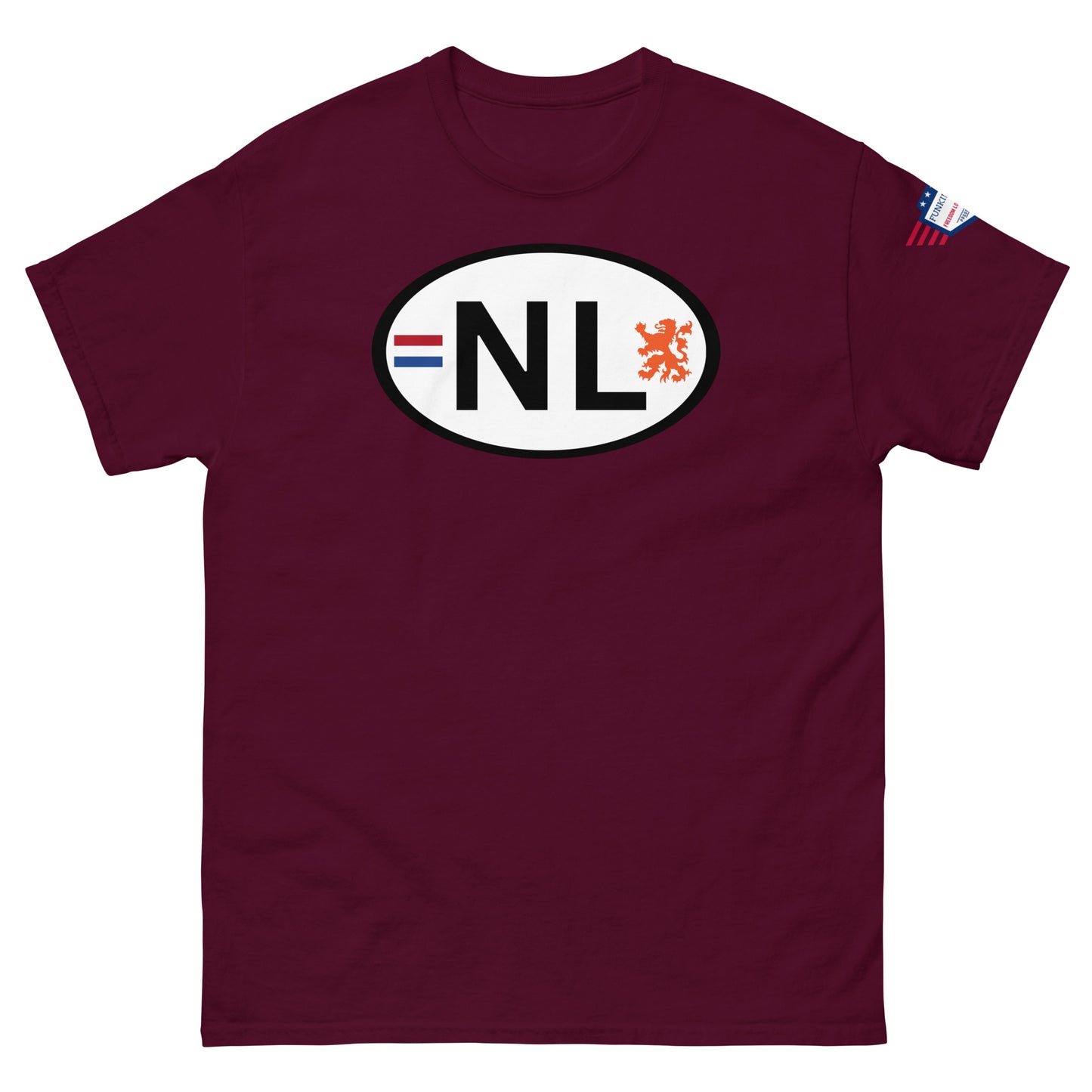 Front view of maroon unisex classic tee with white oval NL license plate print, Dutch flag stripes, orange lion, USA flag sleeve patch