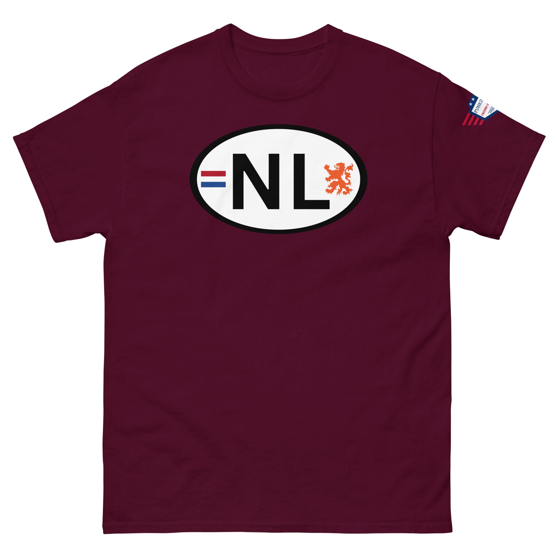 Front view of maroon unisex classic tee with white oval NL license plate print, Dutch flag stripes, orange lion, USA flag sleeve patch