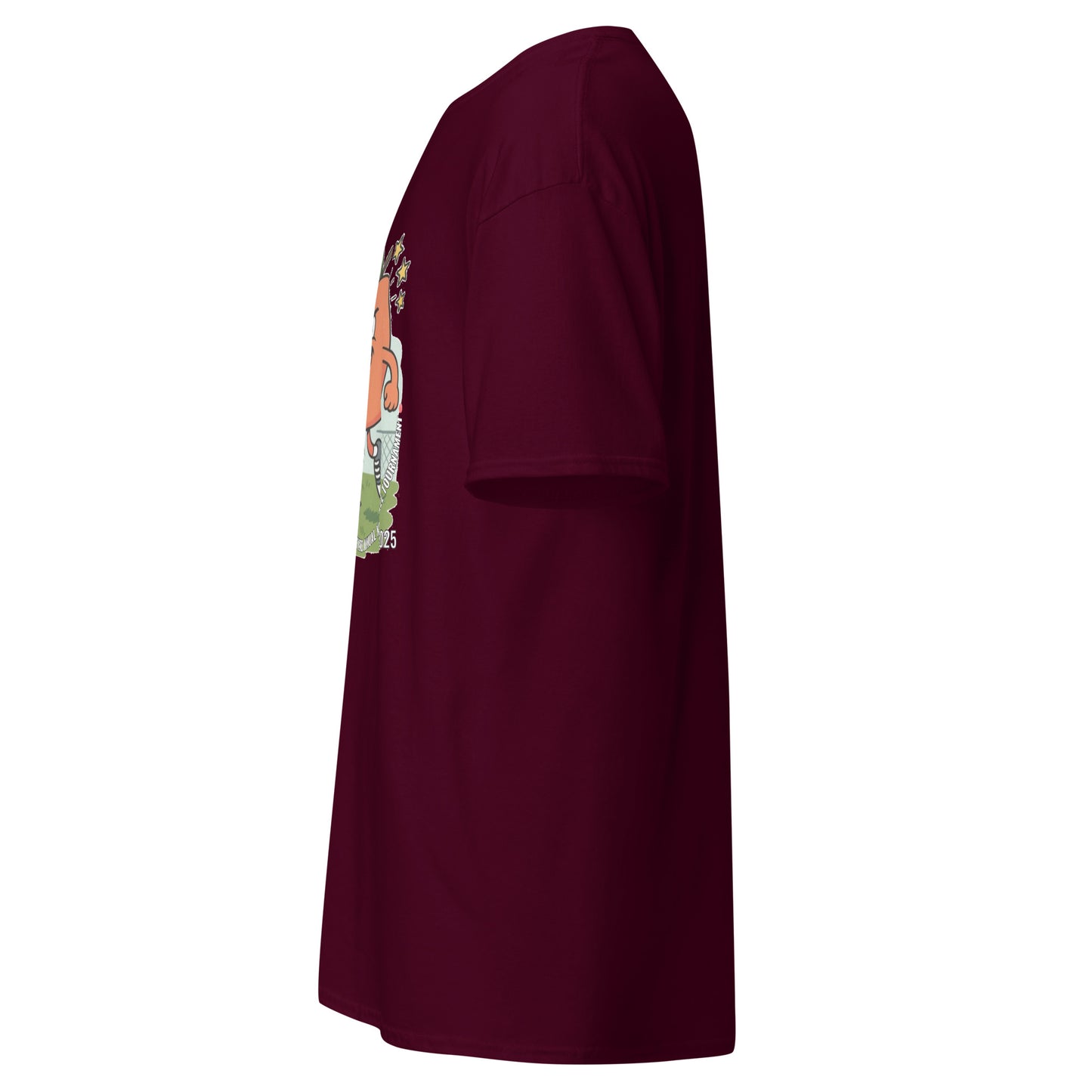 Right side view of maroon classic tee with edge of orange peach kickball artwork